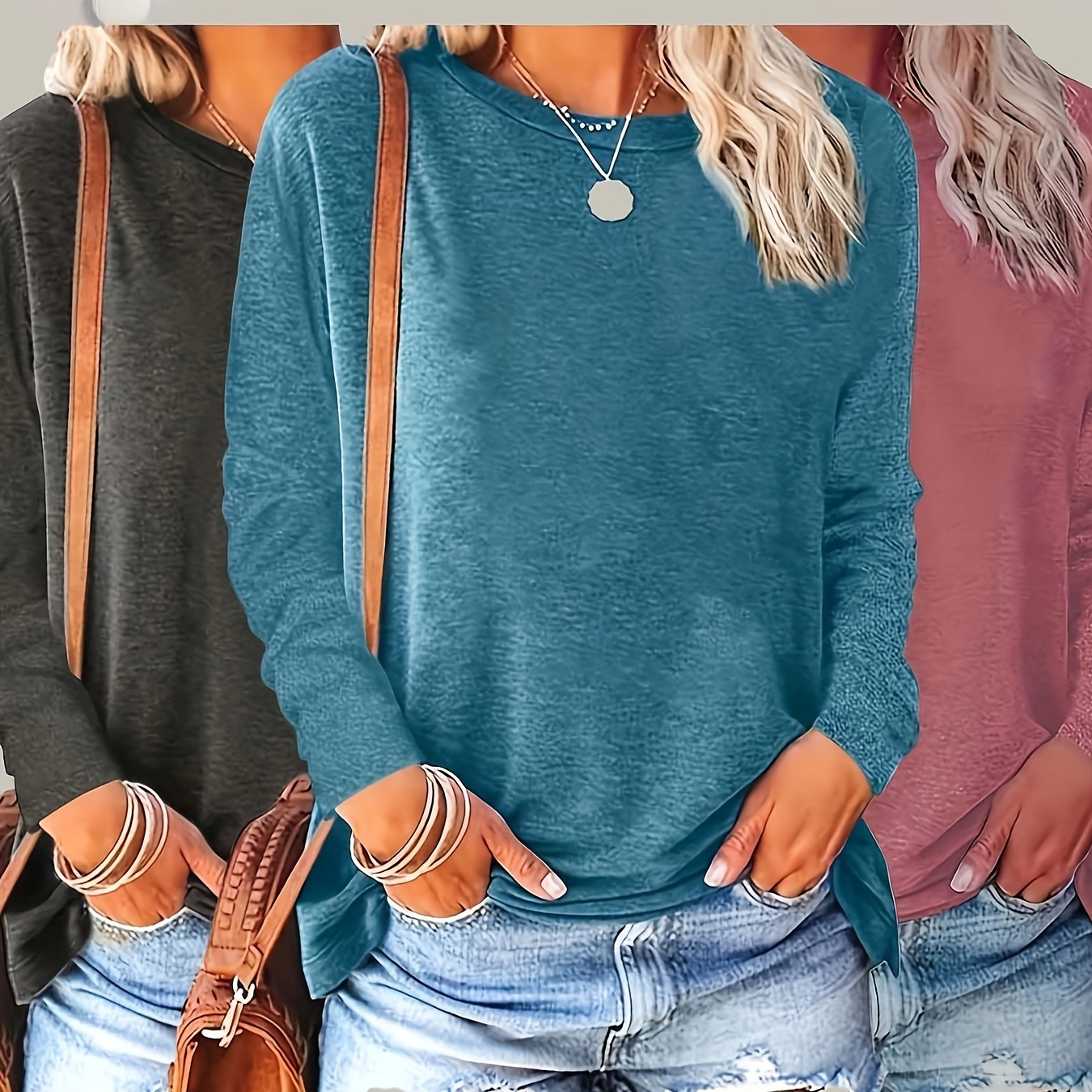 

3pcs T-shirt à manches longues de couleur unie, haut décontracté à col rond pour le printemps et l'automne, vêtements pour femmes