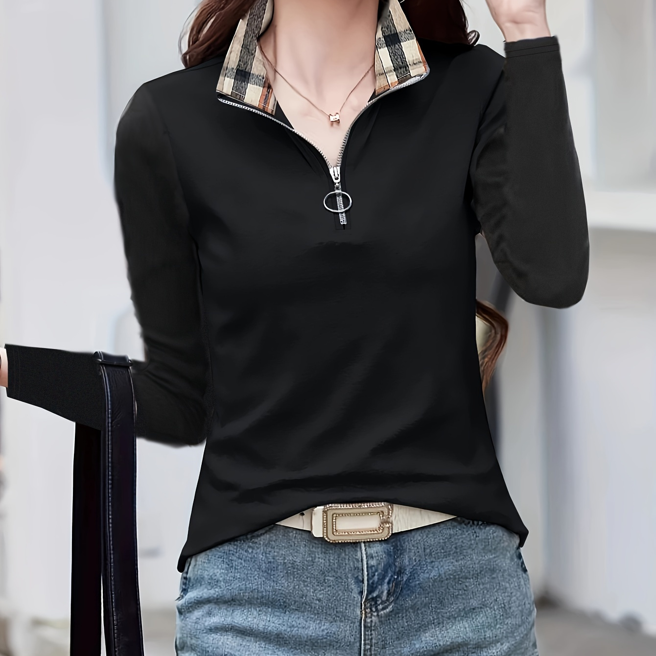 

Print Collared T-shirt, Casual Long Sleeve Top For Spring & Fall, Women's Clothing