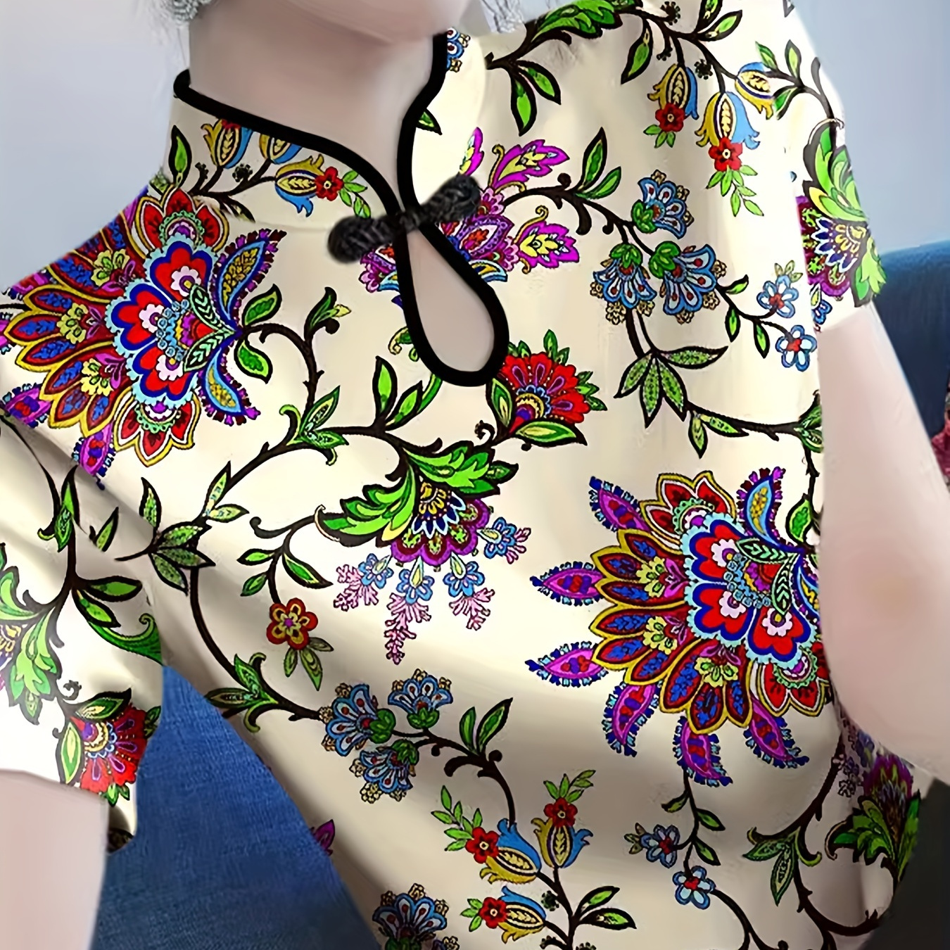 

Floral Print Band Collar T-shirt, Chinese Style Plate Buckle Keyhole Short Sleeve Top For Spring & Summer, Women's Clothing