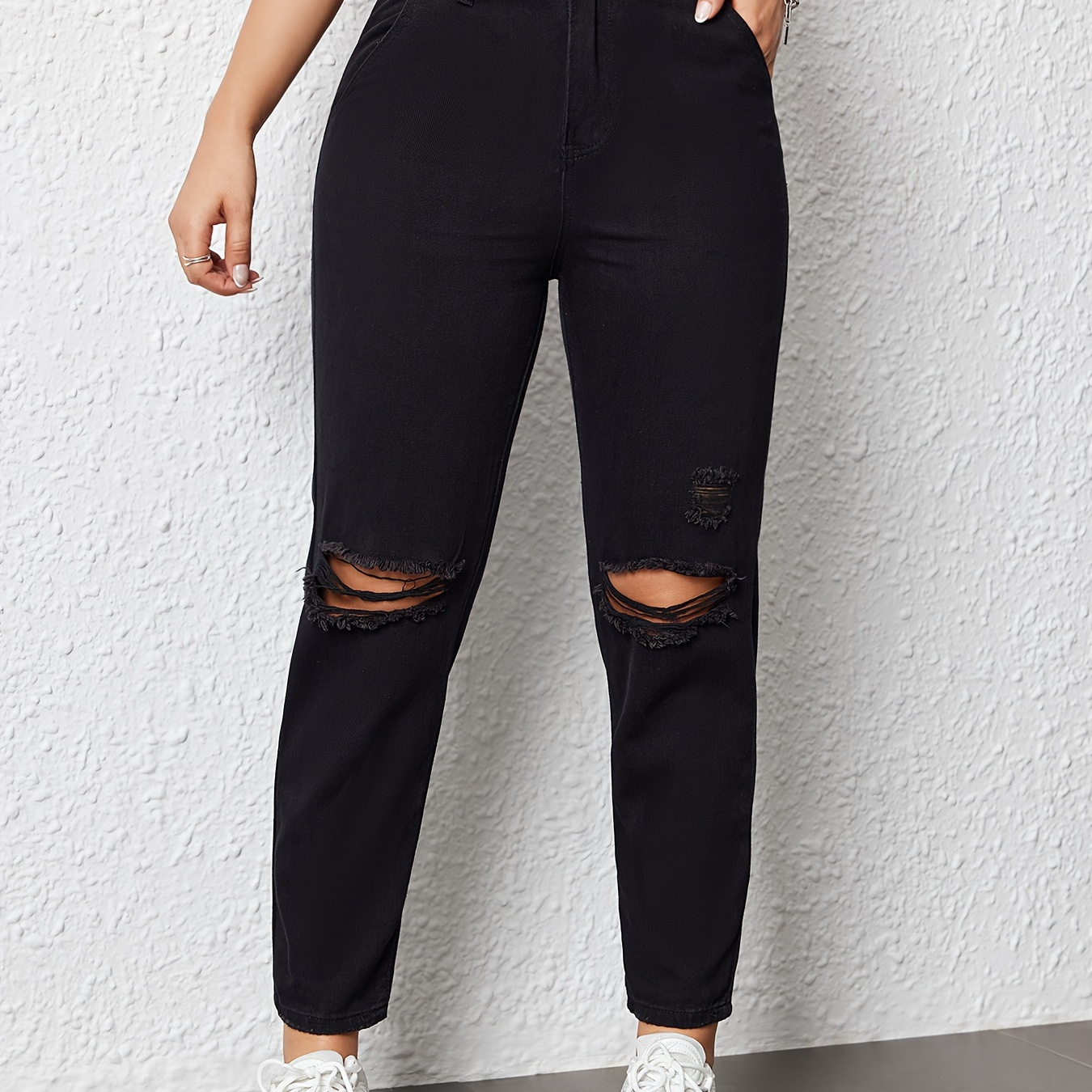 

Women's High-waisted Black Color Distressed Jeans, Street-style, Slim Fit With Elastic Waistband, Versatile Casual Denim Pants