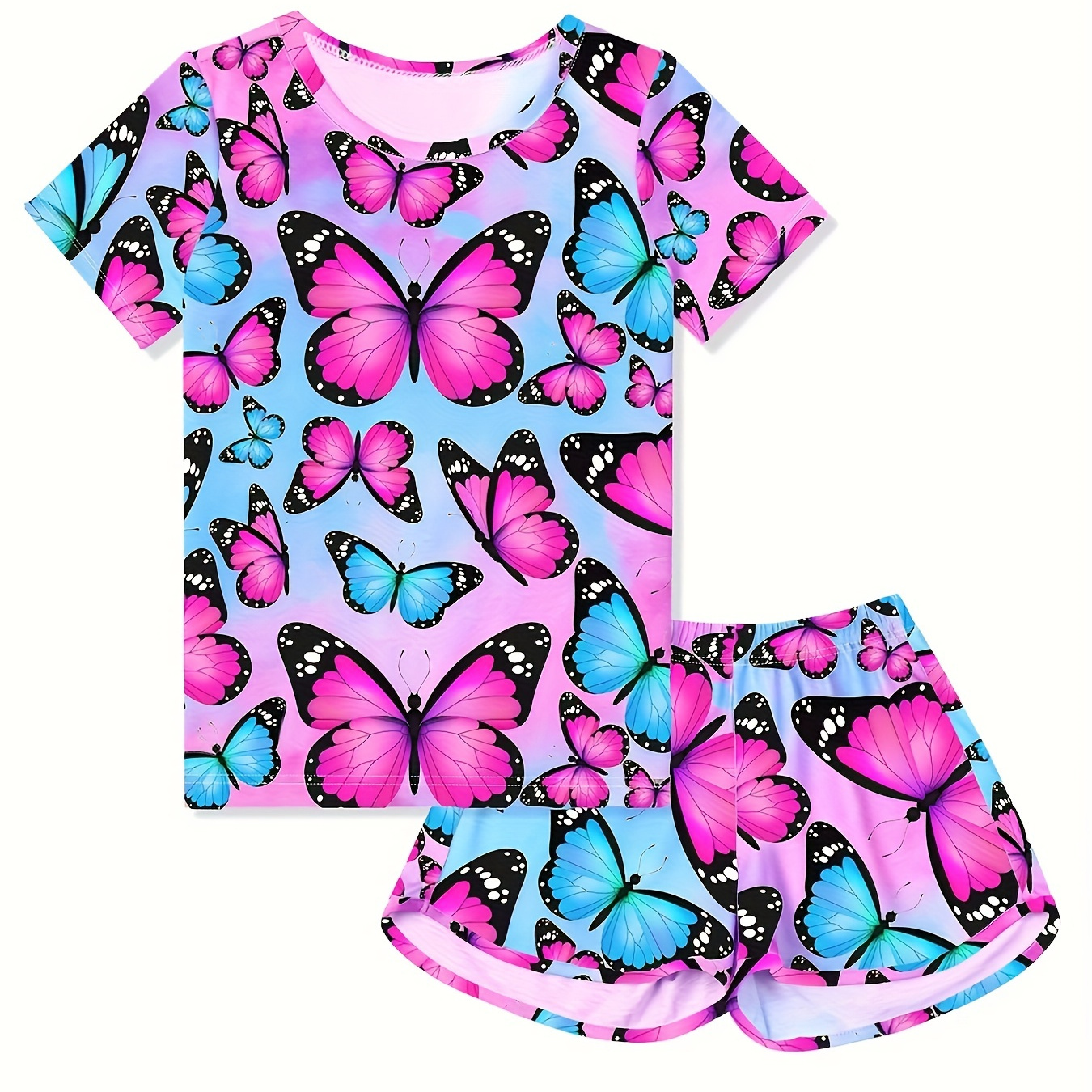 

Girls 2pcs Colorful Butterfly Pattern Print Spring Summer Loungewear, Short Sleeve Crew Neck Top & Short Set, Sweet Pattern Comfy Pj Set, Kid's Cozy Sleepwear Outfit