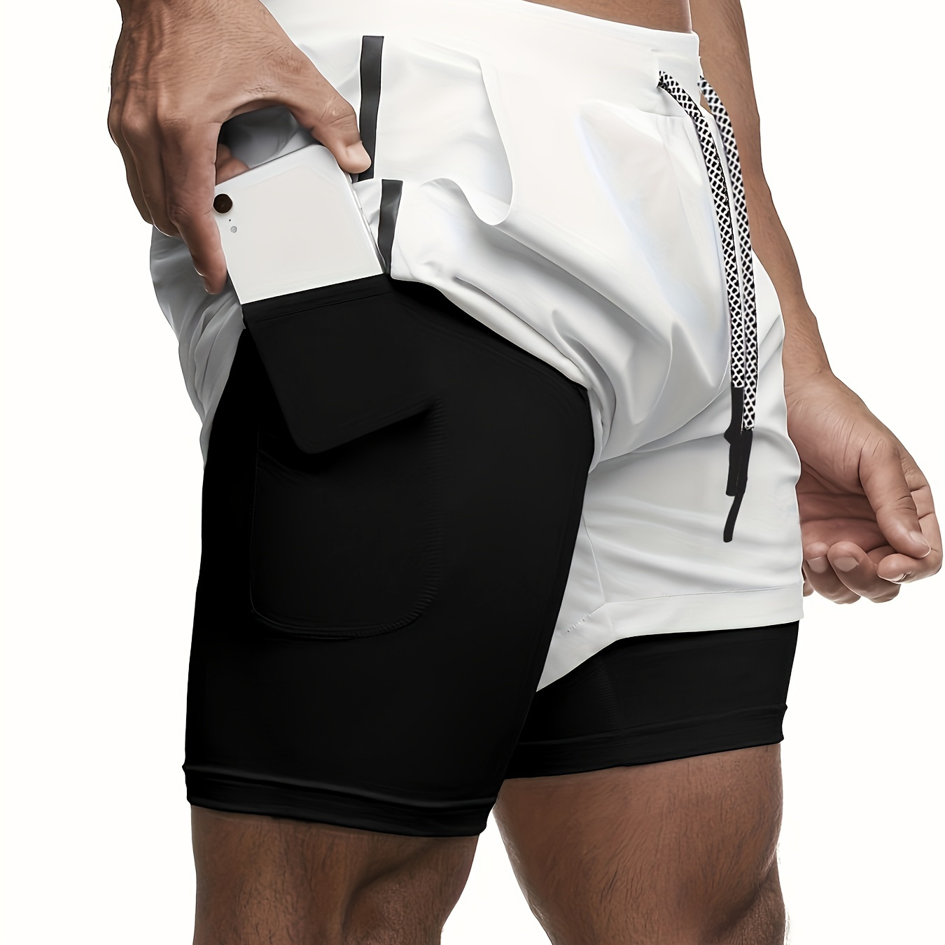 

2-in-1 Double Layer Shorts With Inner Zipper Pocket, Men's High Stretch Sports Shorts For Summer Gym Workout Training