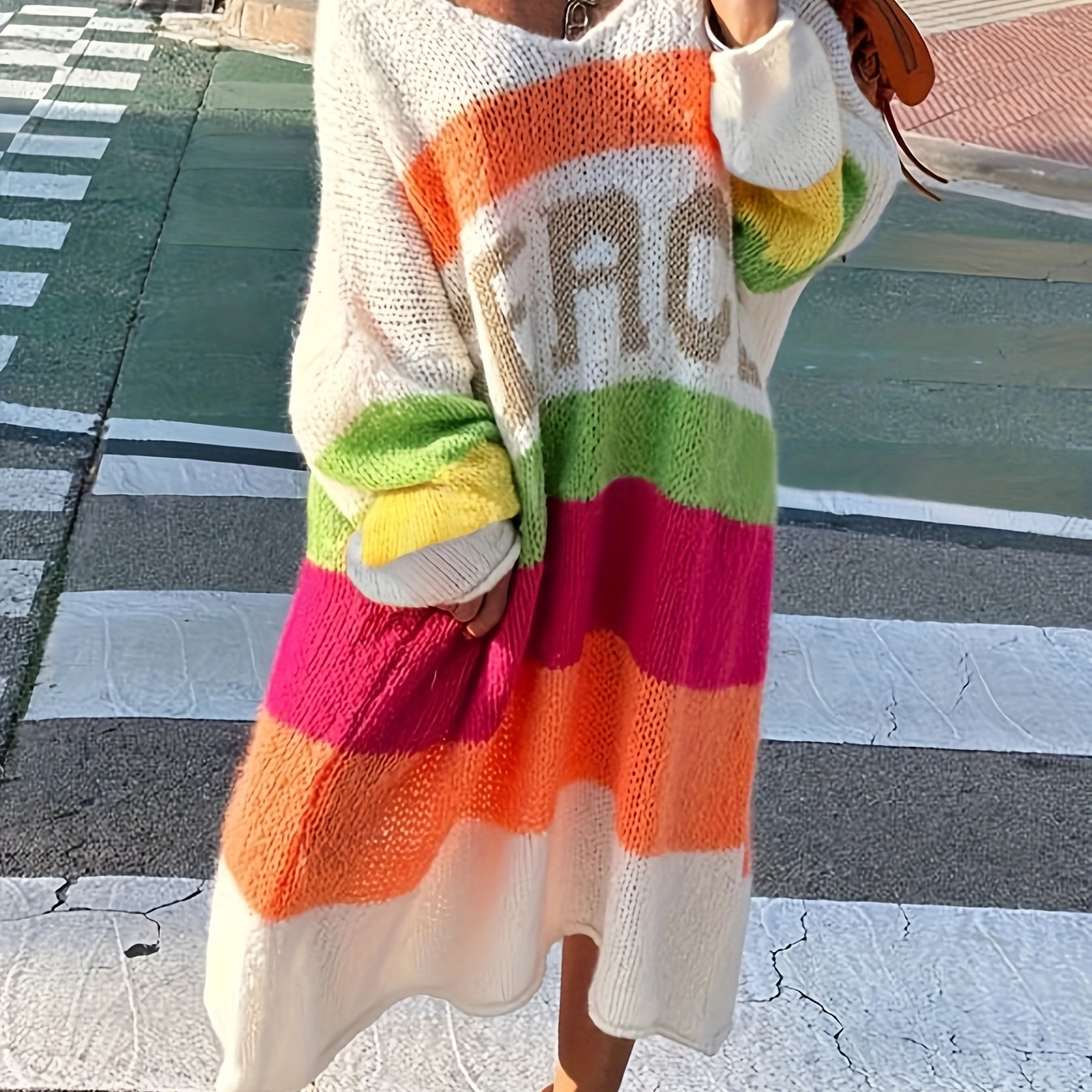 

Plus Size Letter Pattern Color Block Sweater Dress, Elegant Loose Long Sleeve Knitted Dress For Spring & Summer, Women's Plus Size Clothing