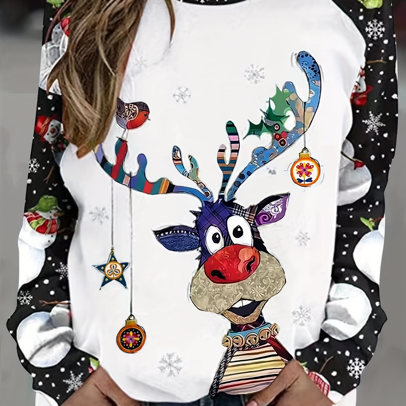 

Christmas Colorful Elk Print Pullover Sweatshirt, Casual Long Sleeve Crew Neck Sweatshirt, Women's Clothing