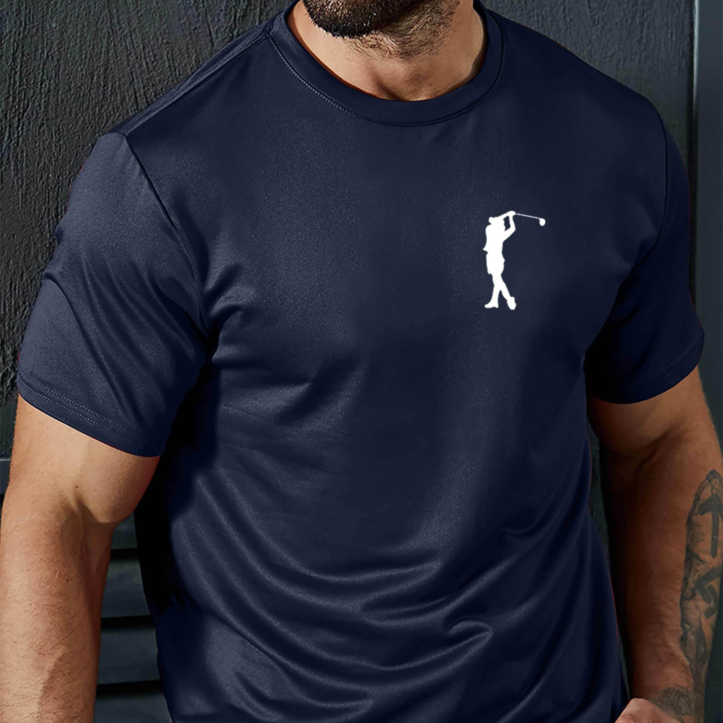 

) Plus Size Men's Casual Light Blue T-shirt With White Graphic - Stretchy, Comfortable Polyester, Round Neck Short Sleeve Tee For Summer, Plus Size