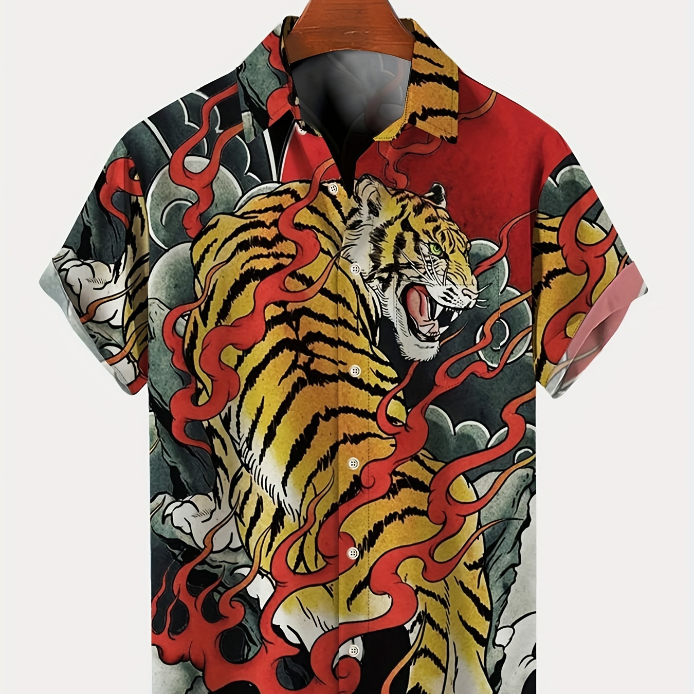 

Plus Size Lapel Mens Hawaiian Shirt Tiger Graphic Button Down Shirts, Top Blouse Shirts, Short Sleeve, Button Down Dress Shirts