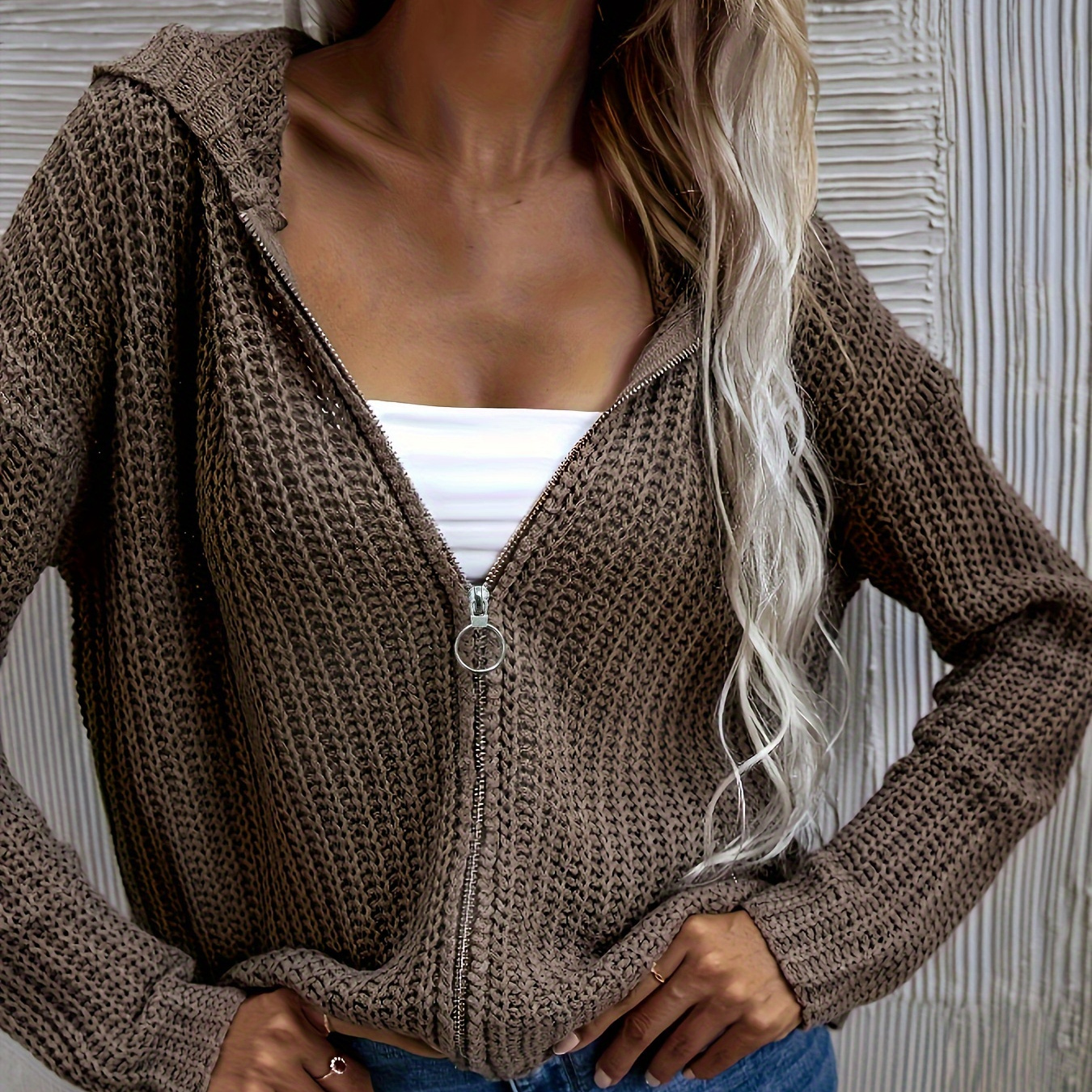 

Solid Color Zipper Hooded Sweater, Versatile Long Sleeve Loose Knit Outwear For Spring & Fall, Women's Clothing