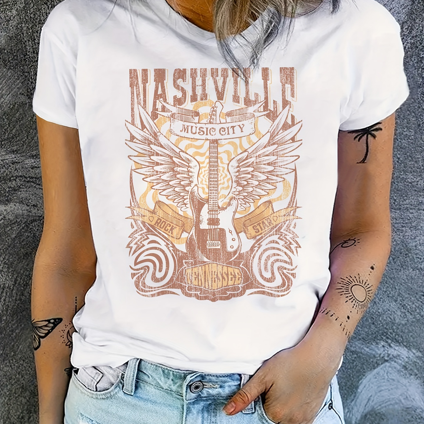 

Country Music T-shirt, Short Sleeve Crew Neck Casual Top For Spring & Summer, Women's Clothing