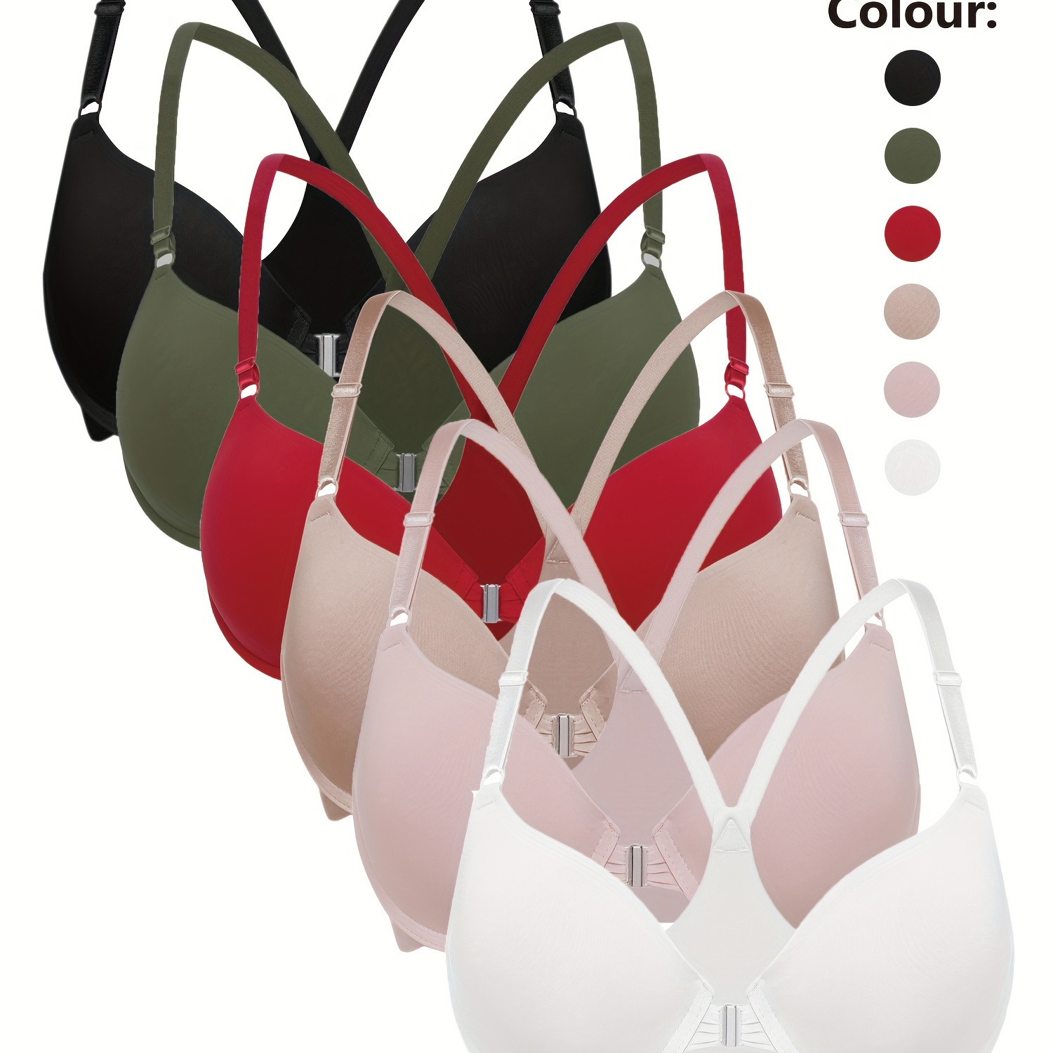 

6 Pieces Front Closure Push Up Bras For Women, Comfortable Padded T-shirt Bra, Racerback Push Up Bra, And Lightweight, Lined, Women's Lingerie, Underwire