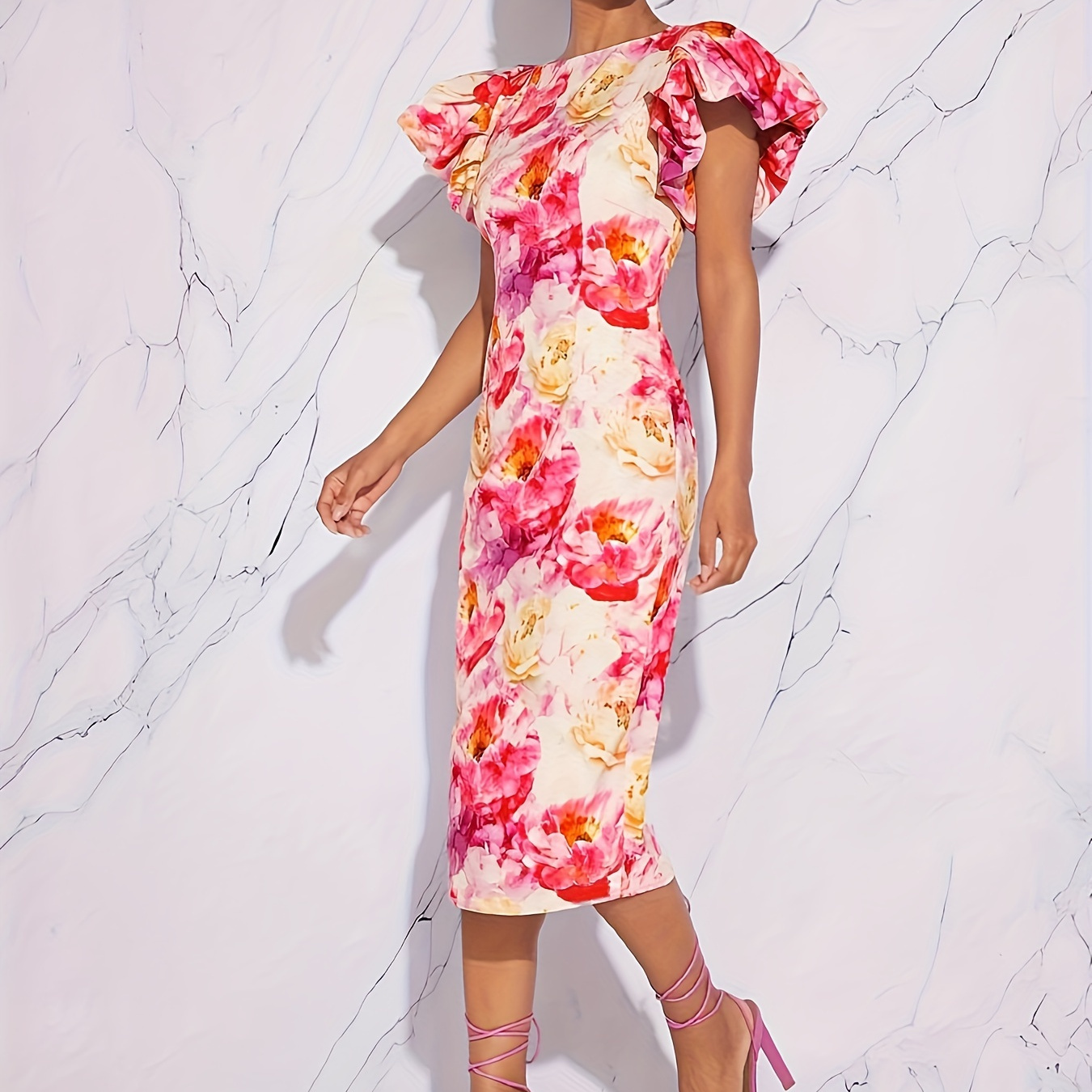 

Floral Print Flutter Sleeve Dress, Stylish Crew Neck Tie Back Sheath Dress For Spring & Summer, Women's Clothing