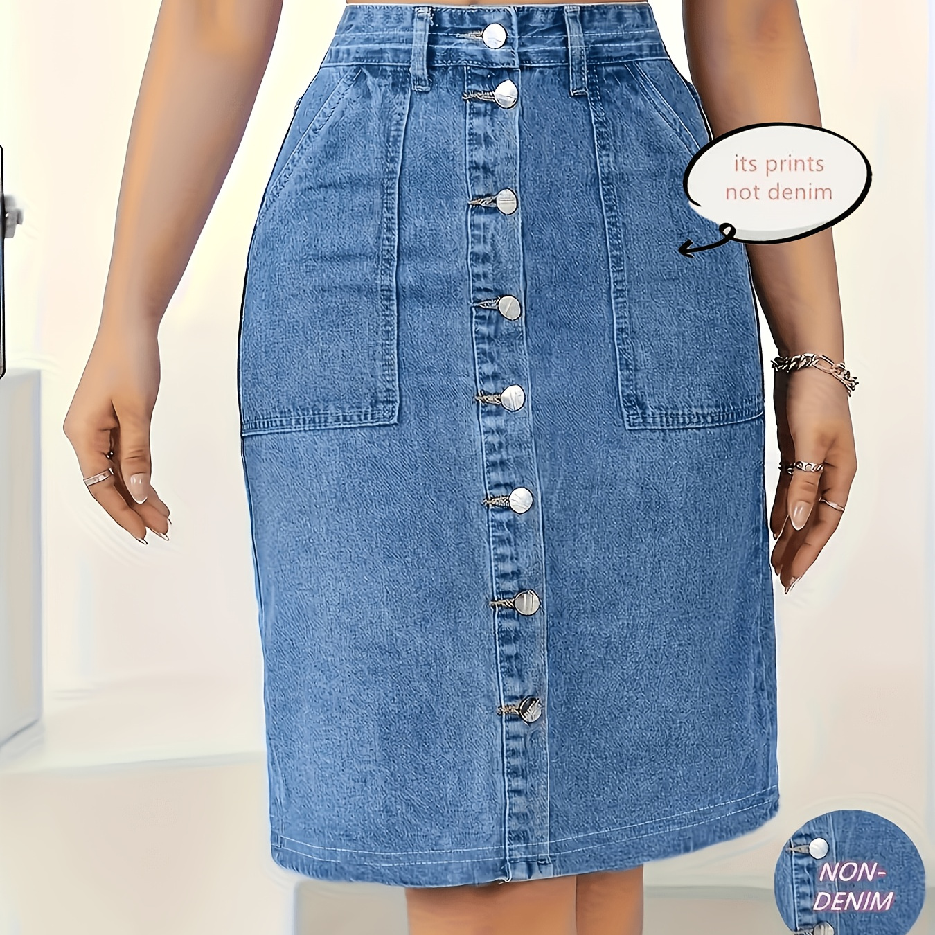 [Printed Skirt - Not Denim Fabric]9081 Fashionable Faux Denim Print Skirt + [Ytd Cherry]. Faux Denim Print/Elastic Waistband. Stretchy Comfortable Fabric