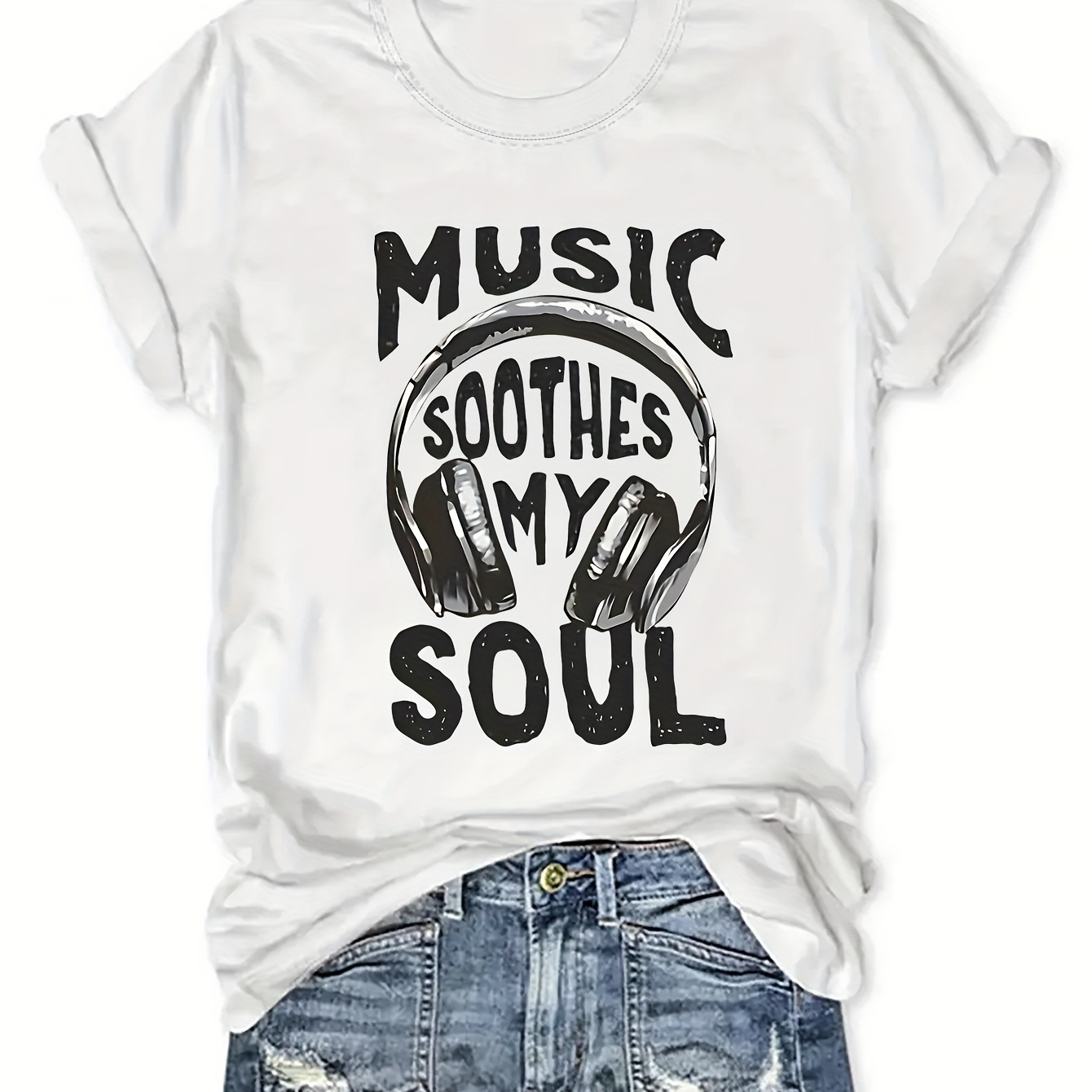 

Music Letter Print T-shirt, Short Sleeve Crew Neck Casual Top For Summer & Spring, Women's Clothing