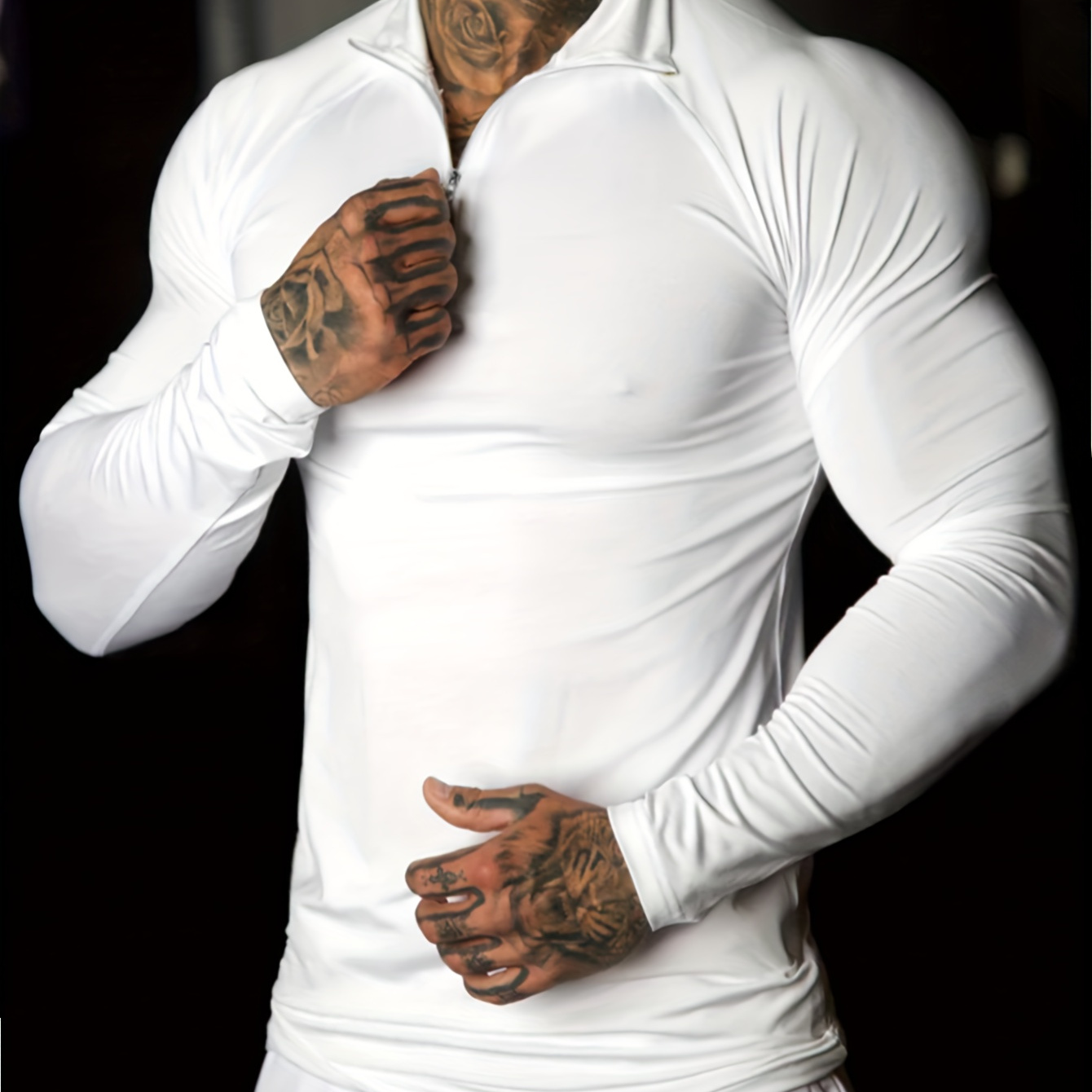 

Men's Athletic Long Sleeve Shirt - 95% Polyester, 5% Elastane, Stand Collar, Medium Stretch Fabric, Solid Color With Zipper Detail, Sports Training Top For Gym & Casual, Spring/fall Season