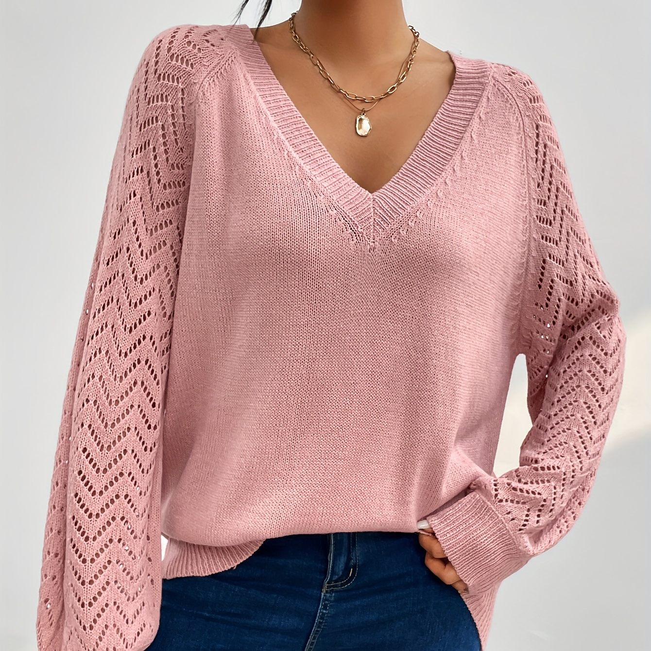 

Plus Size Solid Cut Out Sweater, Casual Long Sleeve V Neck Sweater, Women's Plus Size clothing
