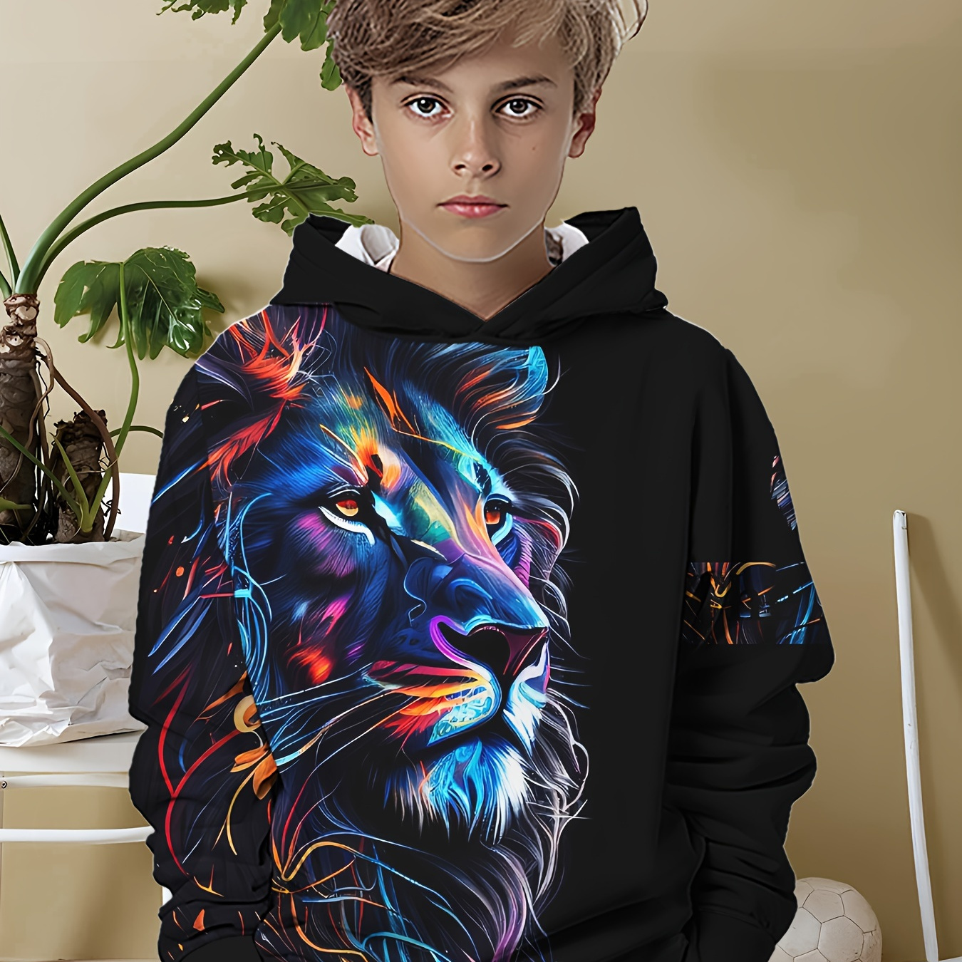 

Cool Colorful Lion 3d Print Hoodies For Boys - Casual Graphic Design With Stretch Fabric For Comfortable Spring/autumn Wear