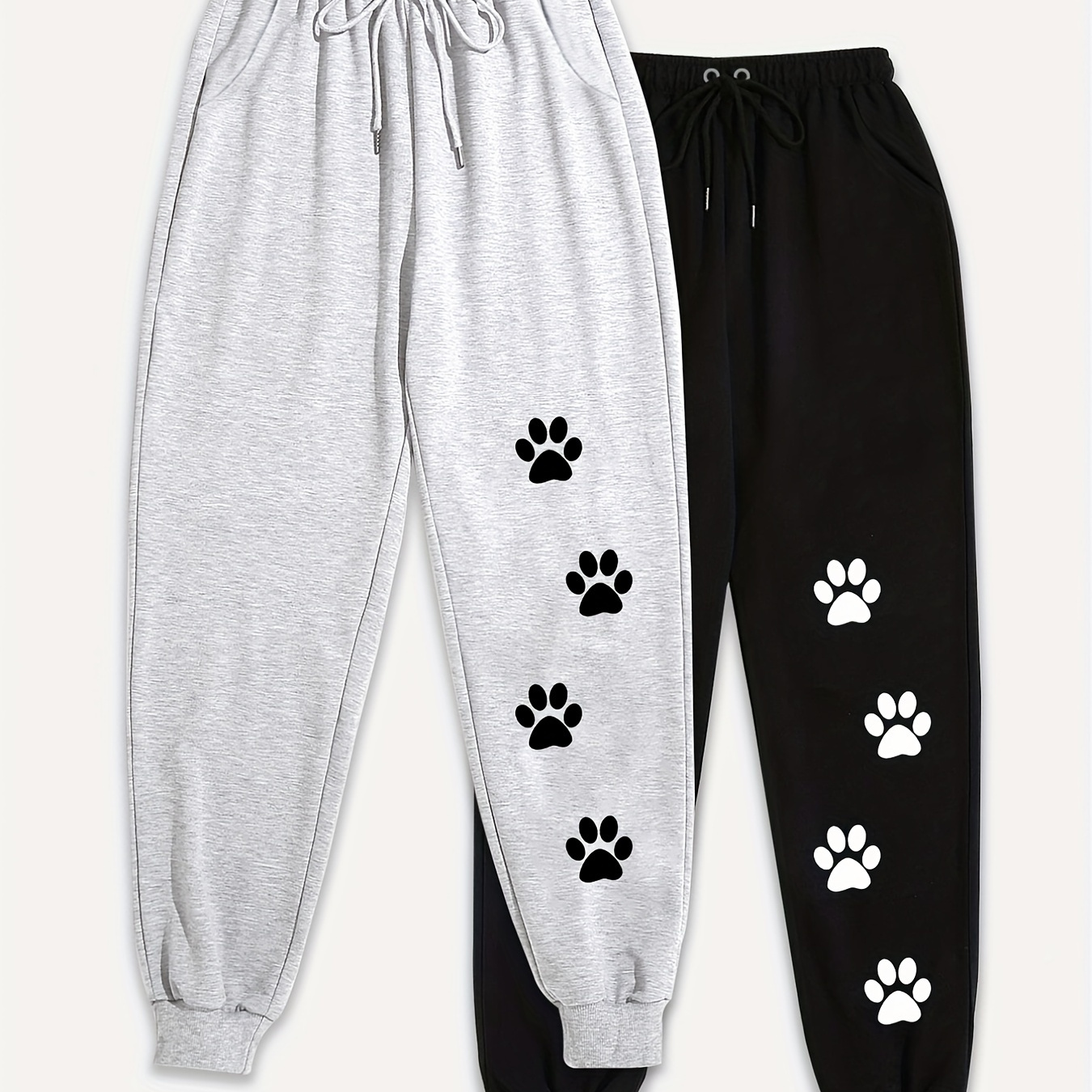 

2 Pieces Paw Print Sweatpants, Casual Elastic Drawstring Jogger Pants For Spring & Fall, Women's Clothing