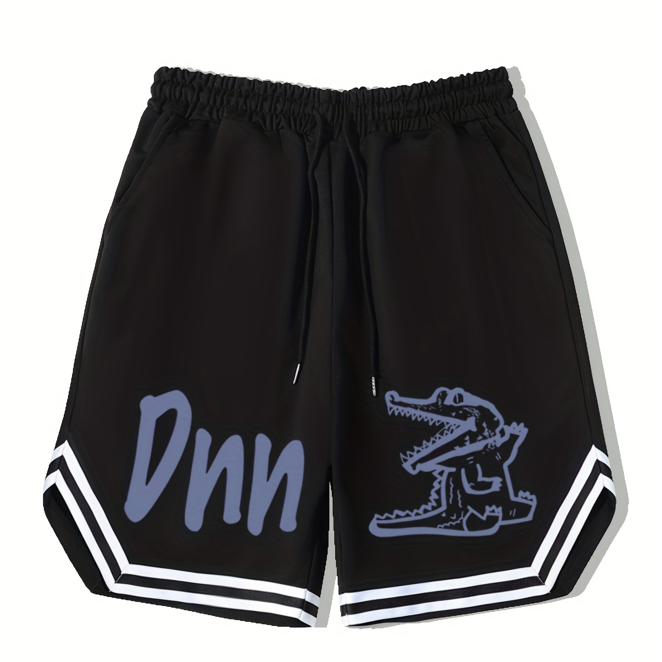 

Cartoon Crocodile Pattern Bottom Stripe Comfy Shorts, Men's Casual Waist Drawstring Shorts For Summer Basketball Beach Resort