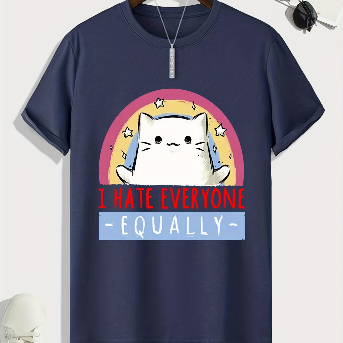 

Men's Casual Trendy "cartoon Cat" Graphic Print Comfortable Crew Neck Short Sleeve T-shirts, Summer Stylish Tees