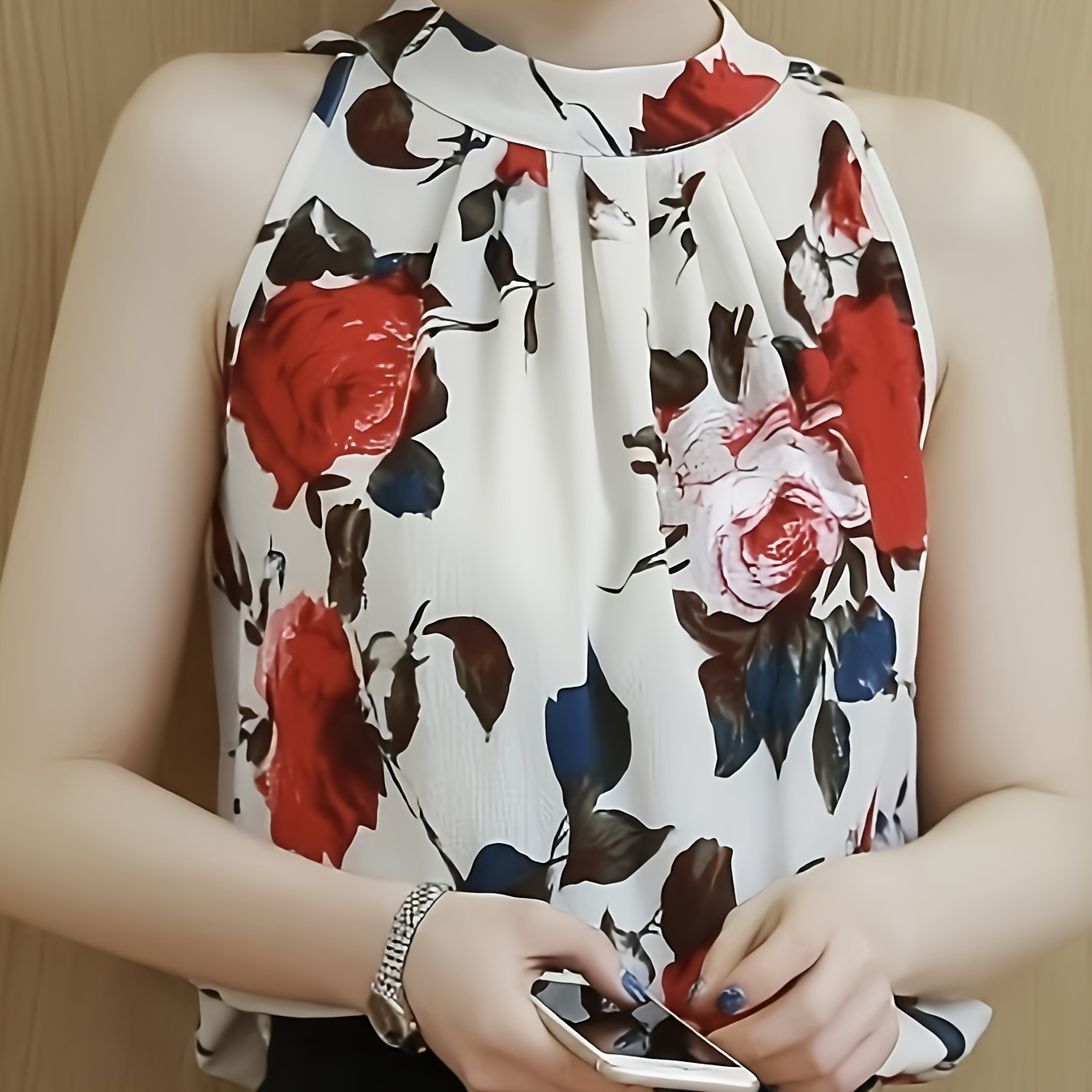 

Floral Print Pleated Halter Top, Elegant Sleeveless Mock Neck Top For Summer, Women's Clothing