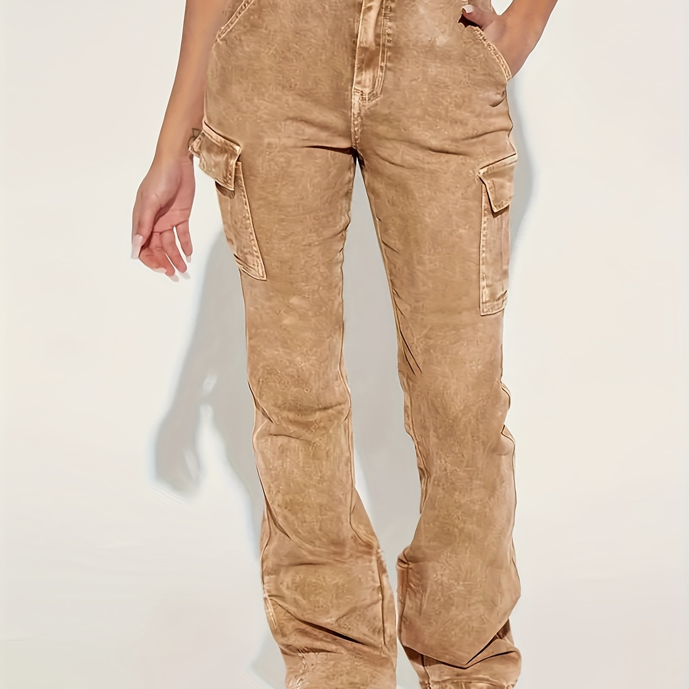 

-fit Cargo Denim Pants For Women - Stretch Cotton , With Flap Pockets, Machine Washable