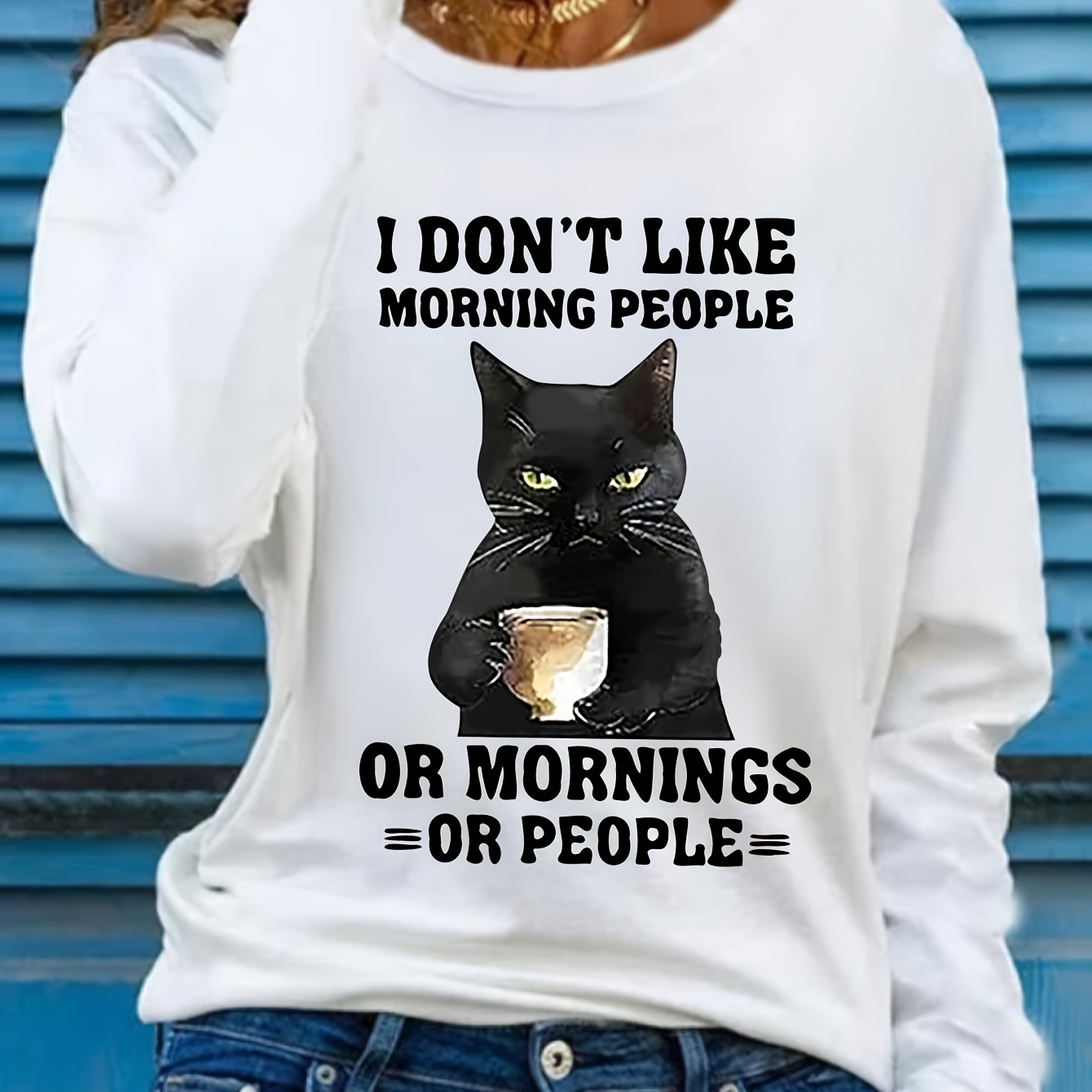 

Casual Crew Neck Long Sleeve T-shirt With & Coffee Graphic, 100% Polyester Knit Fabric, Applique Detail, Regular Length For Fall - Humorous " Like Or People" Print