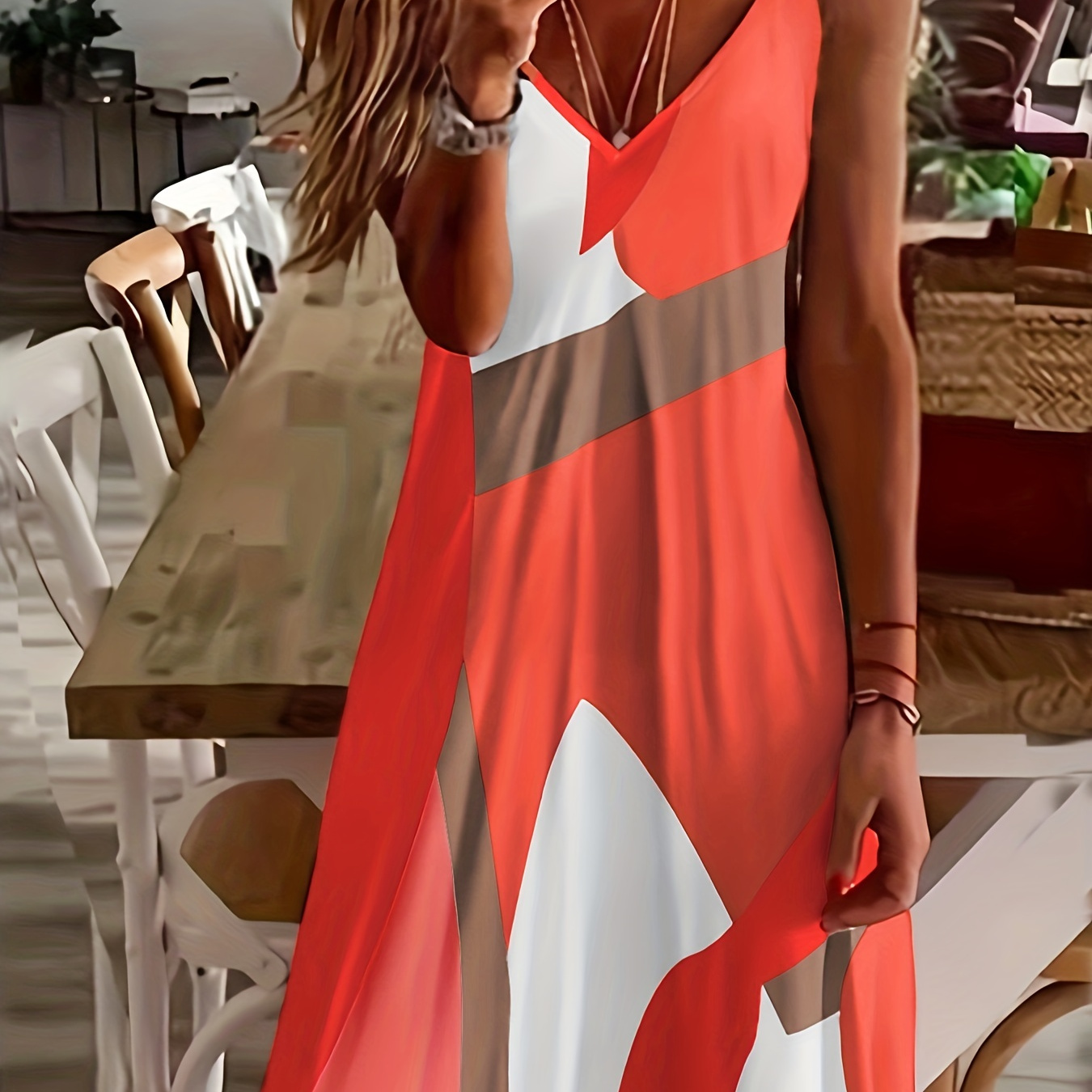 

Geometric Print V Neck Spaghetti Dress, Casual Loose Cami Dress For Summer, Women's Clothing