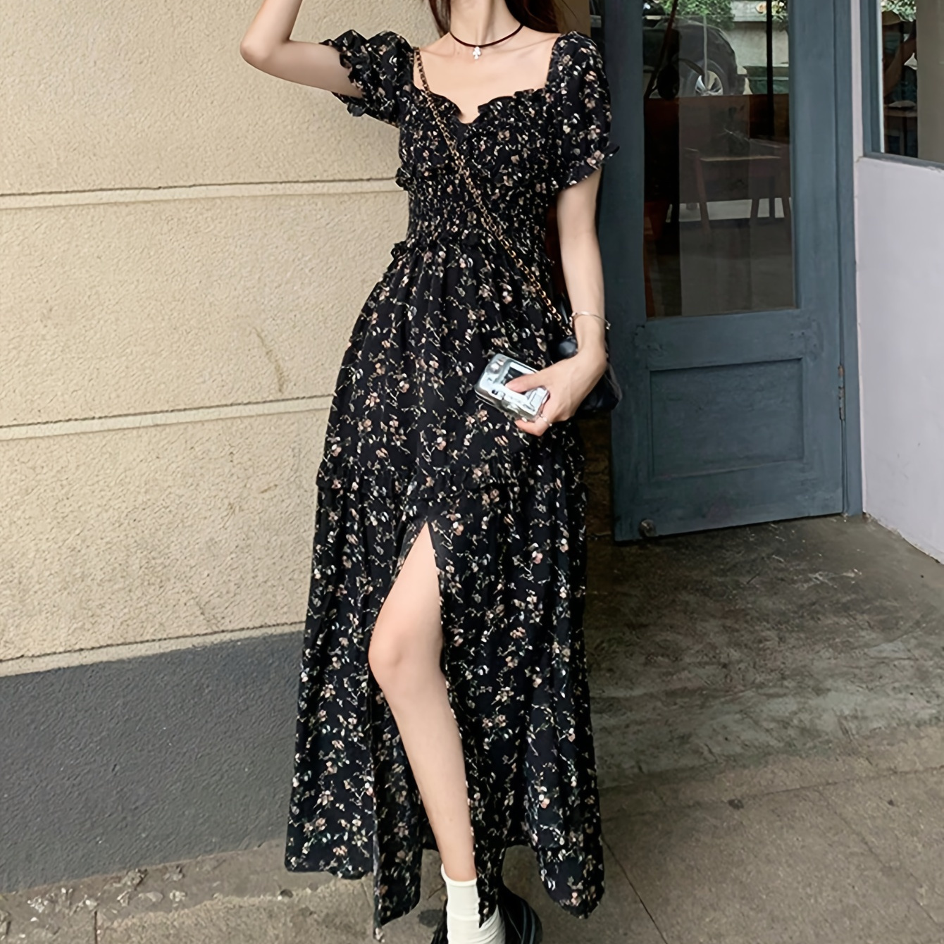 

Floral Pattern Split Dress, Casual Short Sleeve Dress For Summer, Women's Clothing