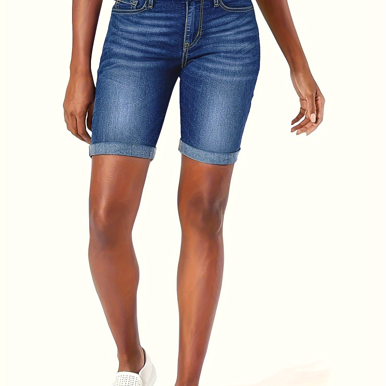 

Whiskering Washed Blue Roll Up Hem Slim Fit Bermuda Denim Shorts, Women's Denim Jeans & Clothing