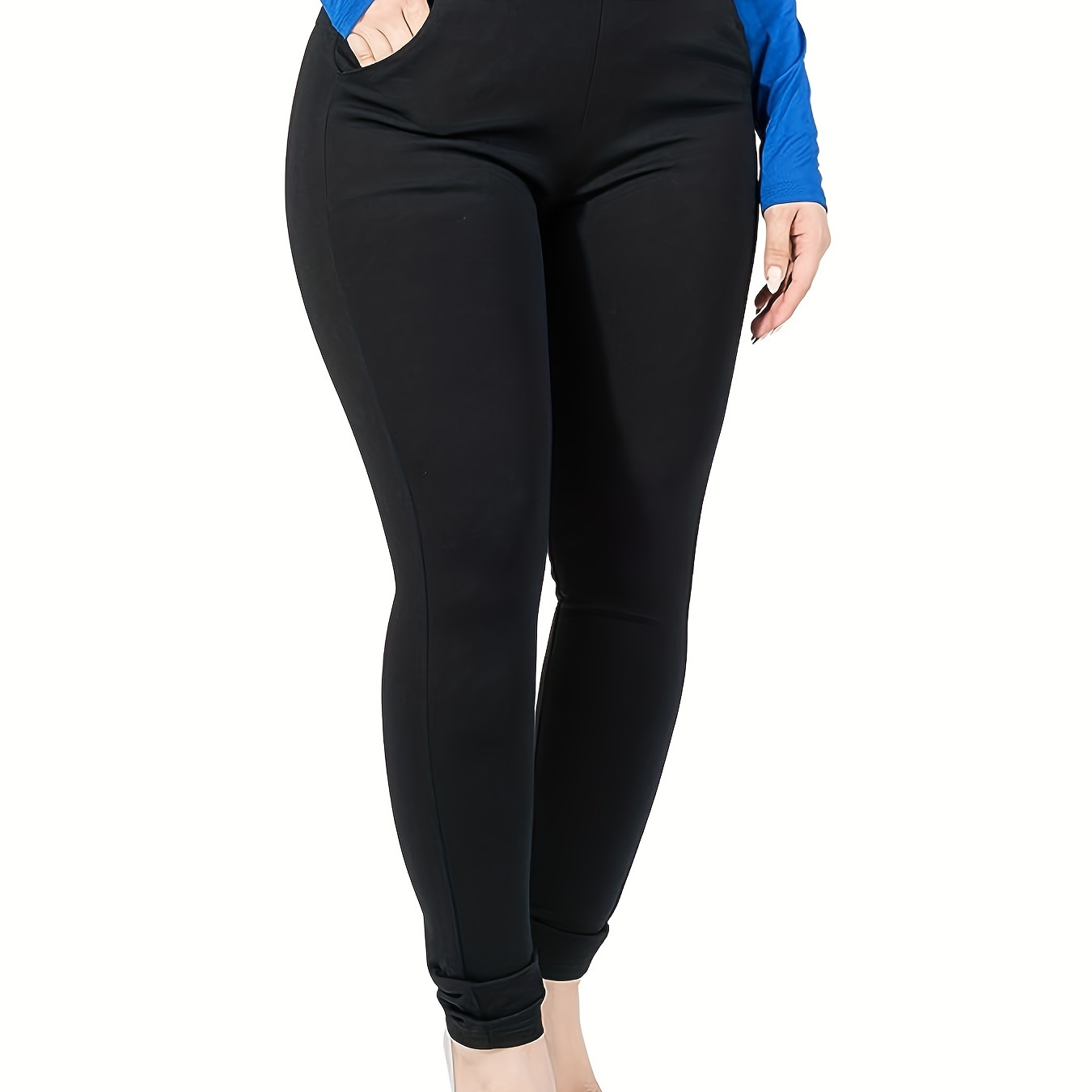 

Plus Size Casual Pants, Women's Plus Solid Elastic High Rise Medium Stretch Skinny Trousers With Pockets