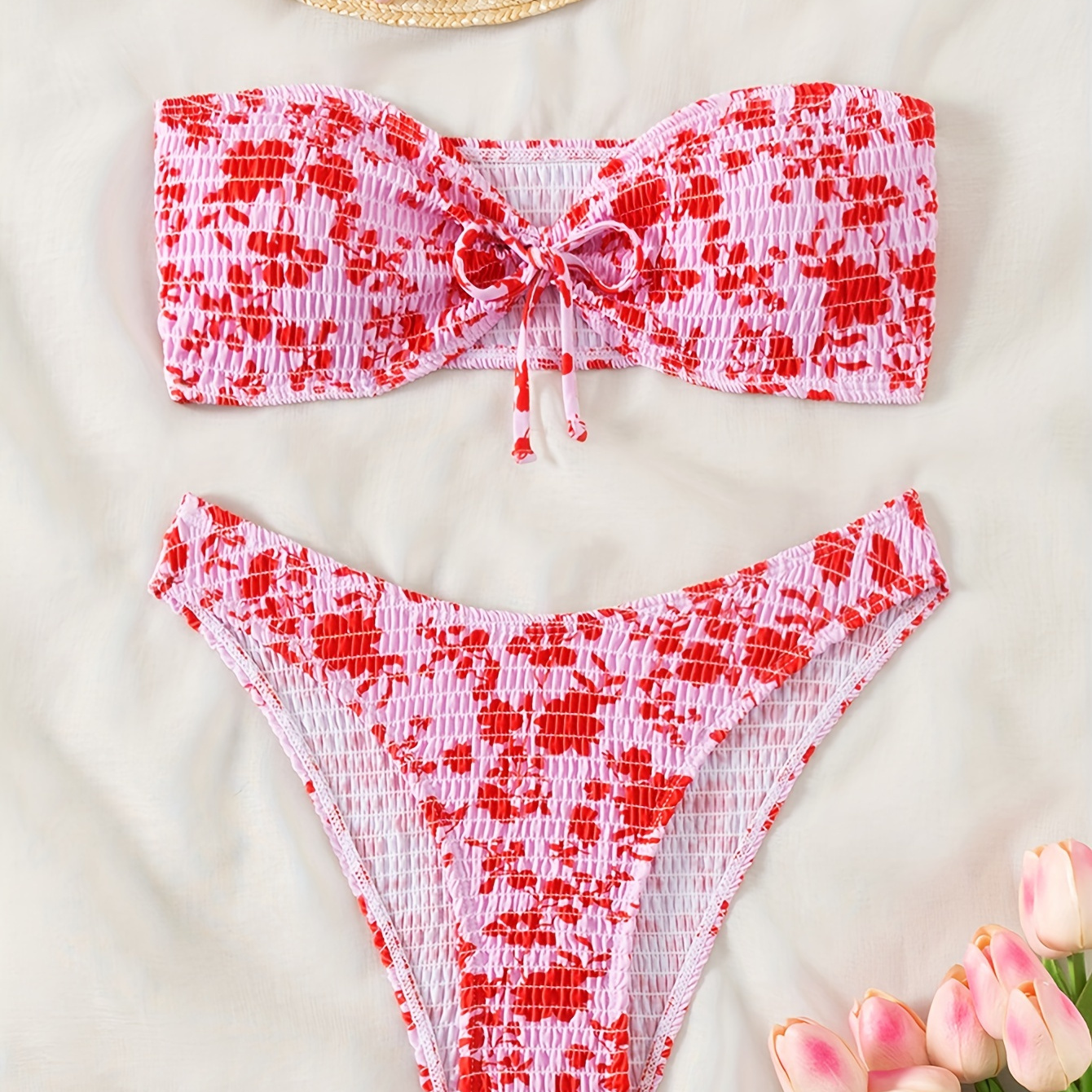 

Floral Pattern Smocked 2 Piece Set Bikini, Tube Top High Cut Swimsuits, Women's Swimwear & Clothing