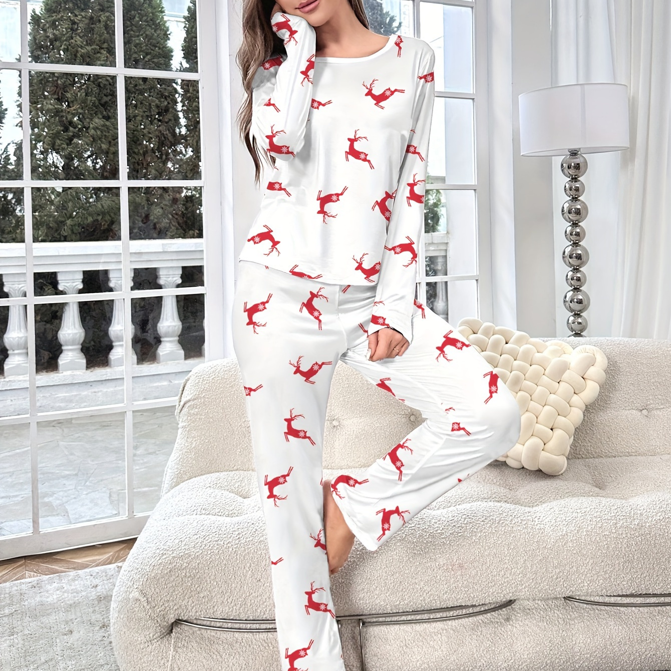 

Christmas Elk Print Pajama Set, Long Sleeve Crew Neck Top & Elastic Waistband Pants, Women's Sleepwear & Loungewear