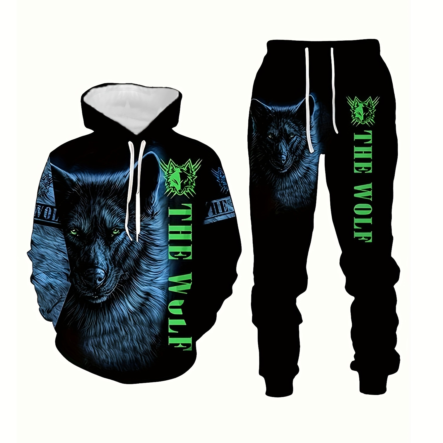 

Men's Wolf Print Hooded Sweatshirt & Sweatpants Set For Spring/autumn, Autumn And Winter Novelty Pajamas Loungewear Set, Sports Set, Men's Clothing