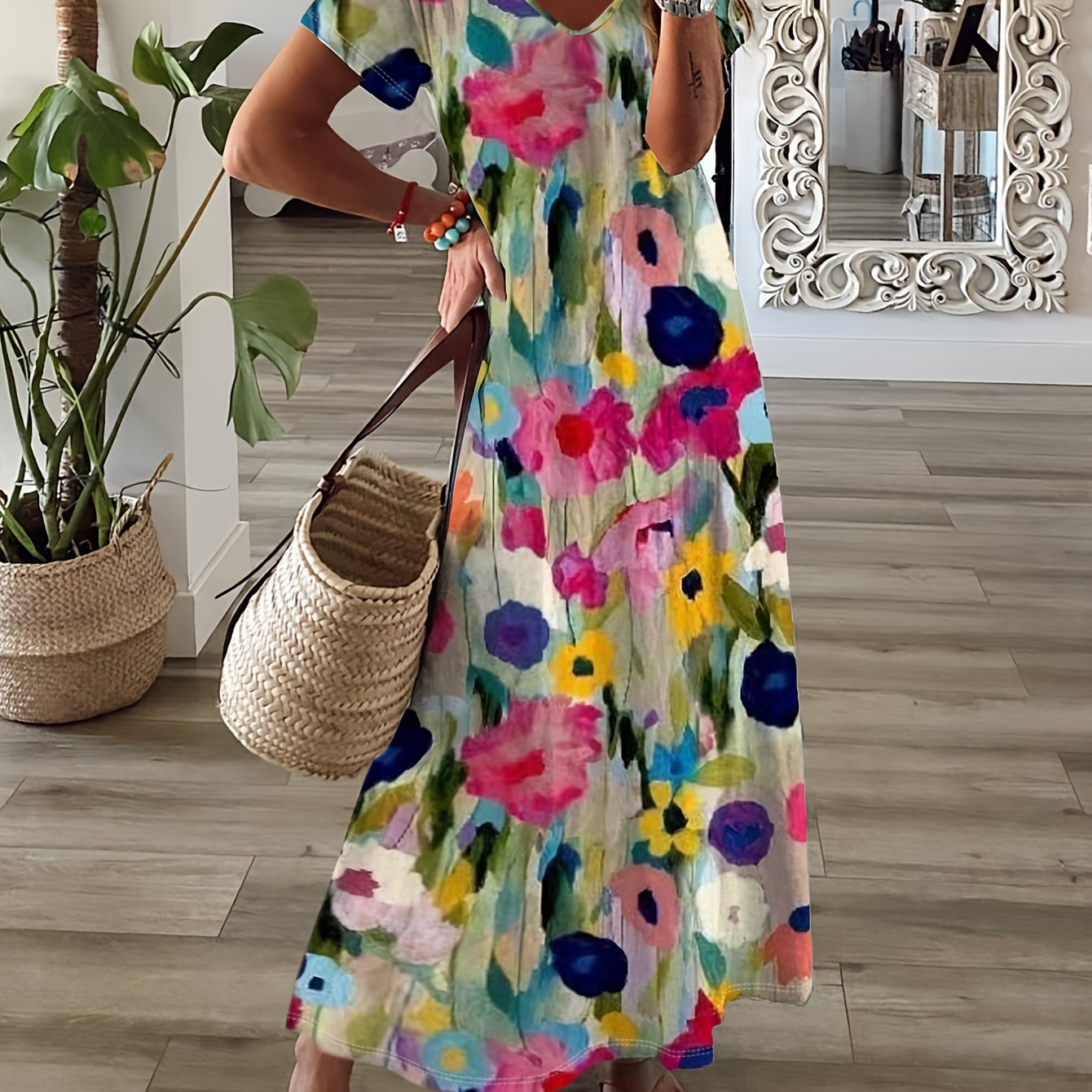 

Robe ample à col en V à imprimé floral, robe courte de vacances pour le printemps et l'été, vêtements pour femmes