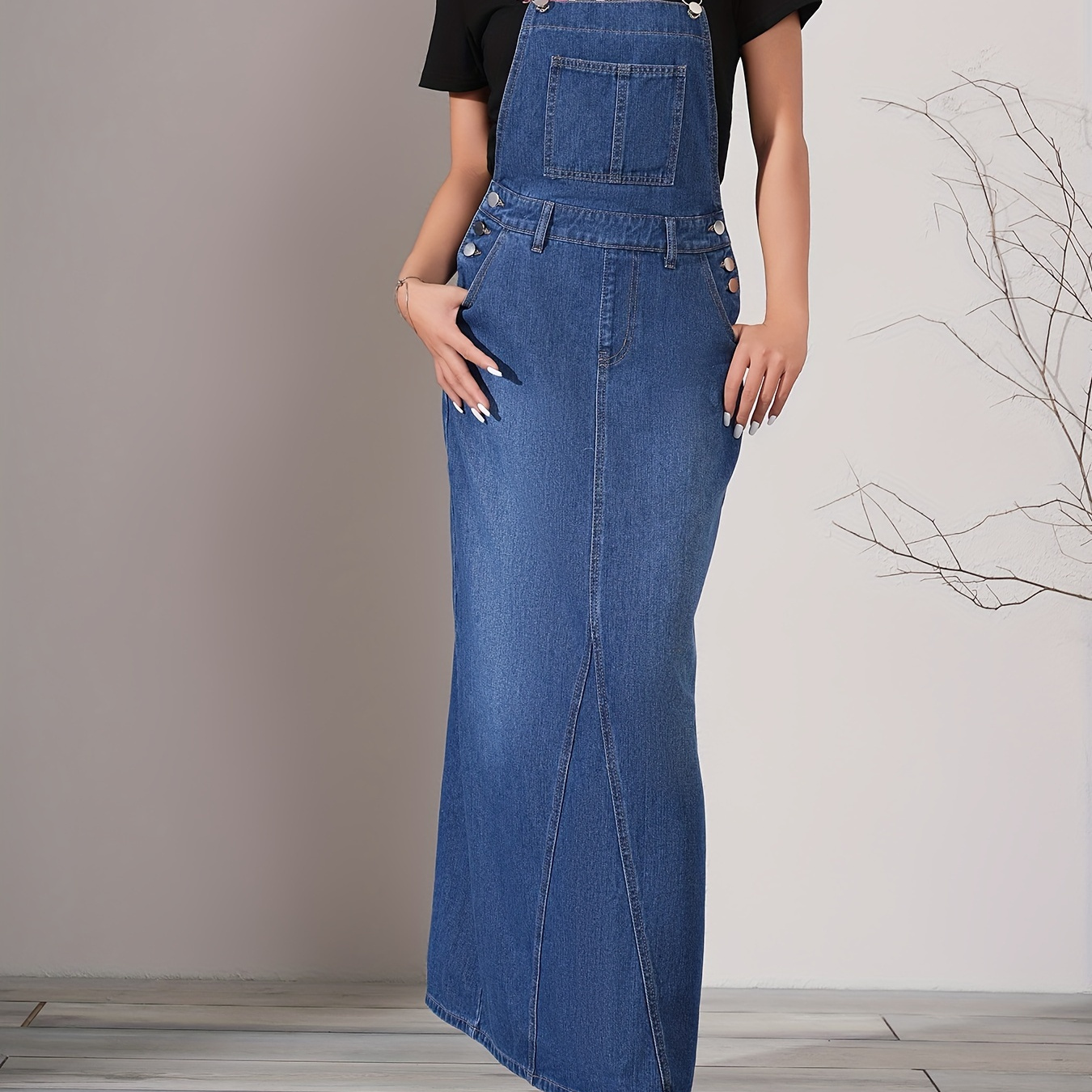 

Plain Washed Blue Loose Fit Elegant Style Maxi Overalls Dress, Women's Denim Jeans & Clothing