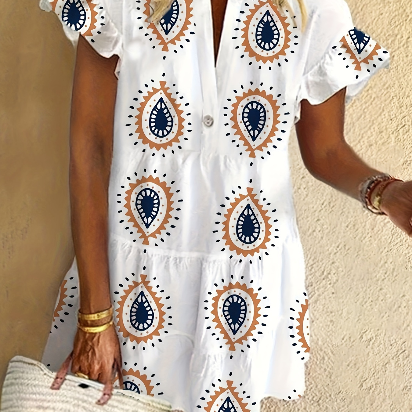 

Plus Size Geometric Print Tiered Dress, Casual Ruffle Trim Short Sleeve Dress For Spring & Summer, Women's Plus Size Clothing