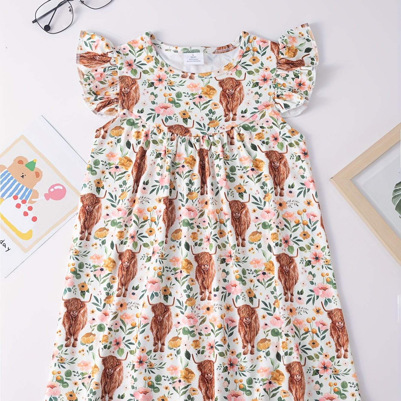 

Cute Cartoon Yak & Flower Print Ruffle Trim Dress For Girls Summer Holiday Party Gift