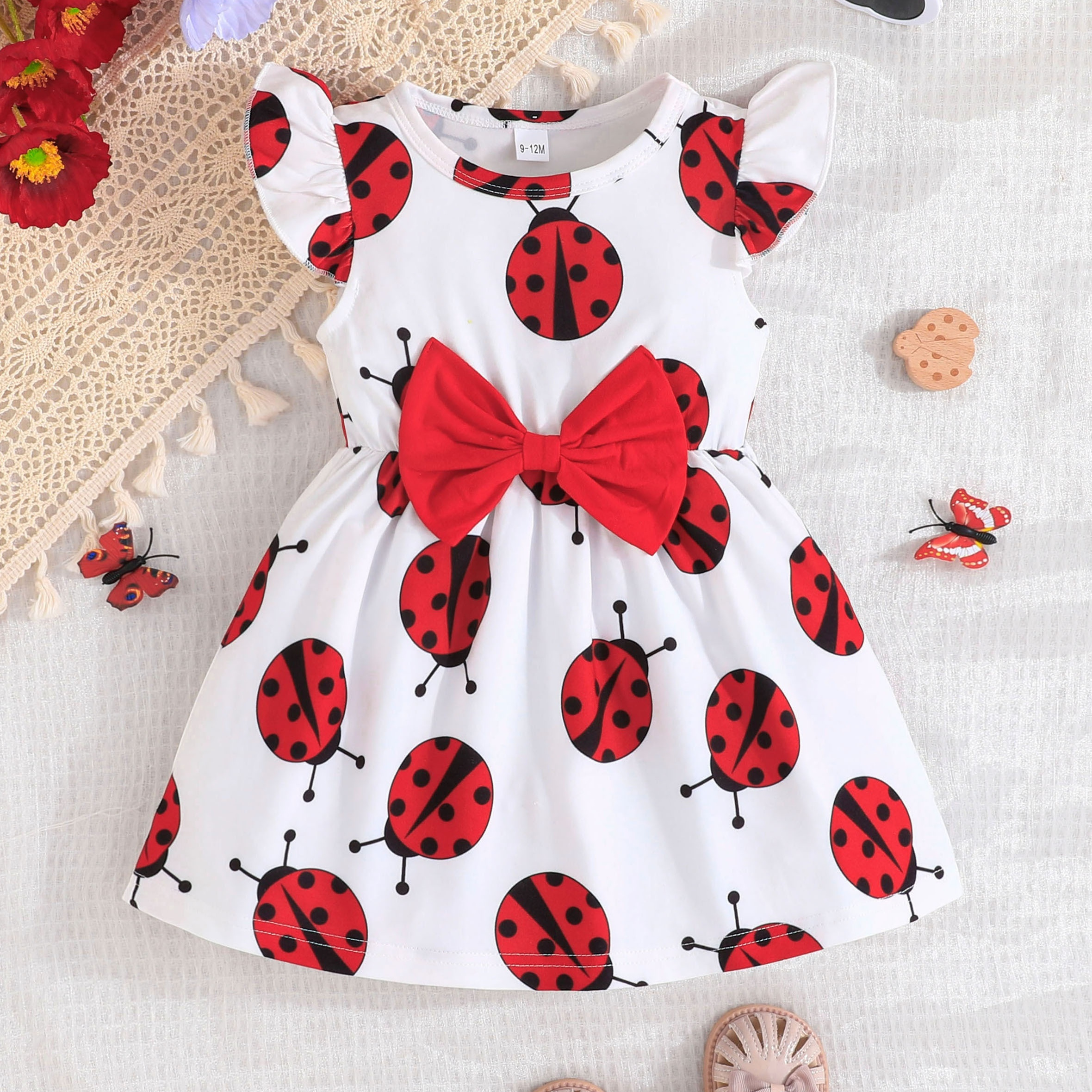 

Baby's Cute Bowknot Decor Ladybug Pattern Dress, Casual Cap Sleeve Dress, Infant & Toddler Girl's Clothing For Summer/spring, As Gift