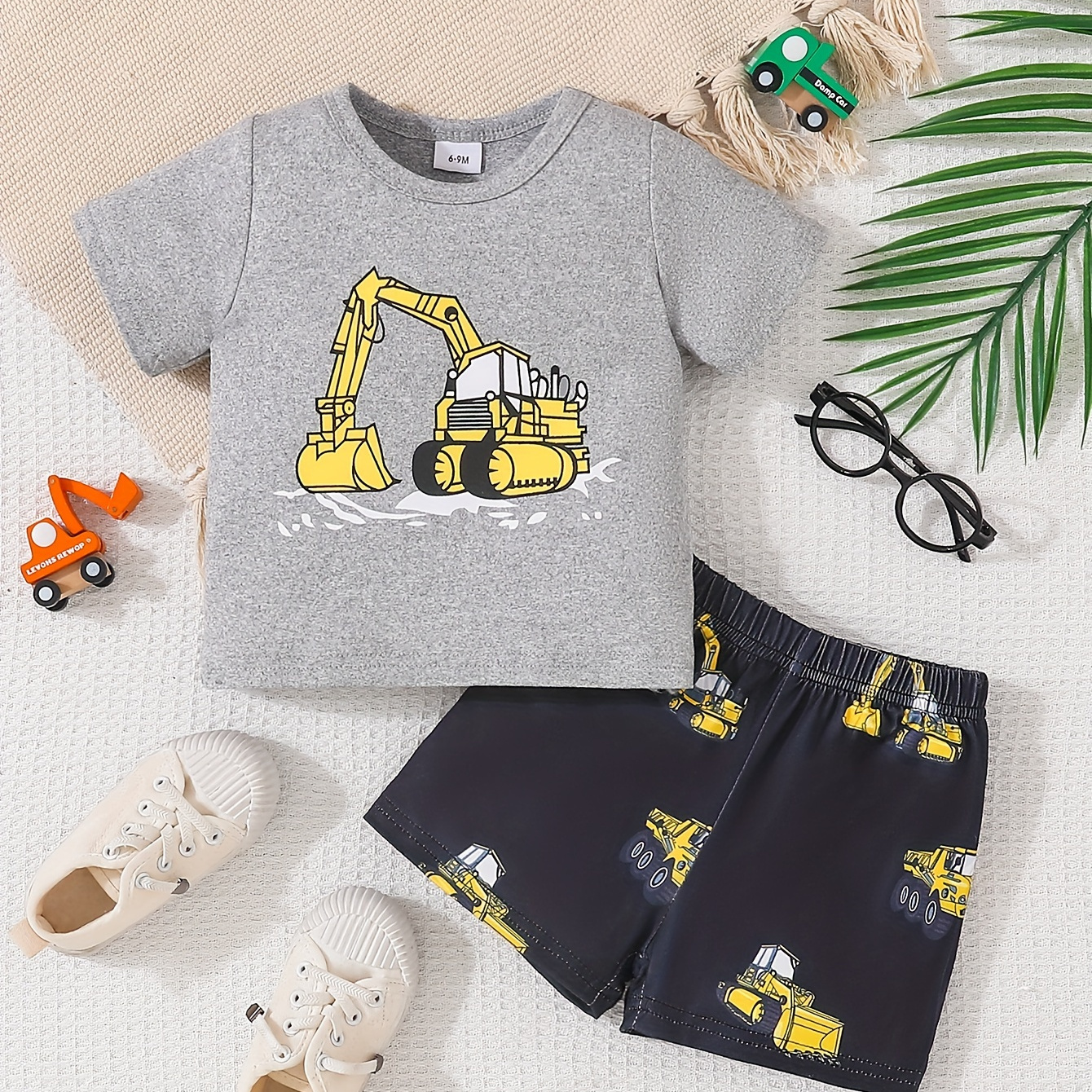 

2pcs Toddler & Infant's Cartoon Excavator Print Summer Set, T-shirt & Elastic Waist Shorts, Baby Boy's Clothes