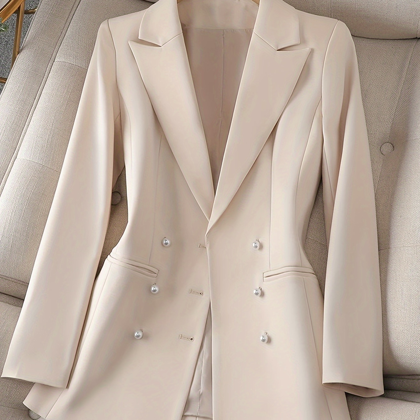 

Plain Color Double Breasted Blazer, Elegant Long Sleeve Notched Lapel Blazer For Work & Office, Women's Clothing