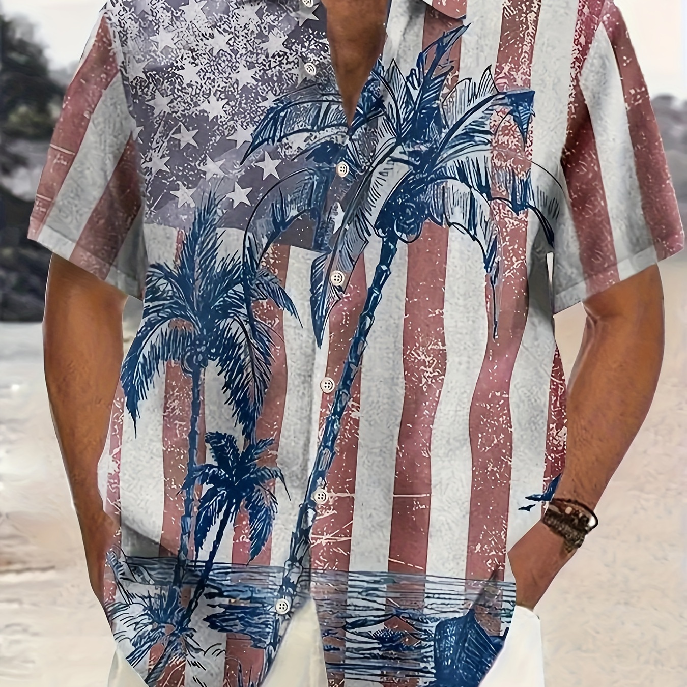 

American Flag Print Men's Summer Fashionable And Simple Short Sleeve Button Casual Lapel Shirt, Trendy And Versatile, Suitable For Dates, Beach Holiday, As Gifts