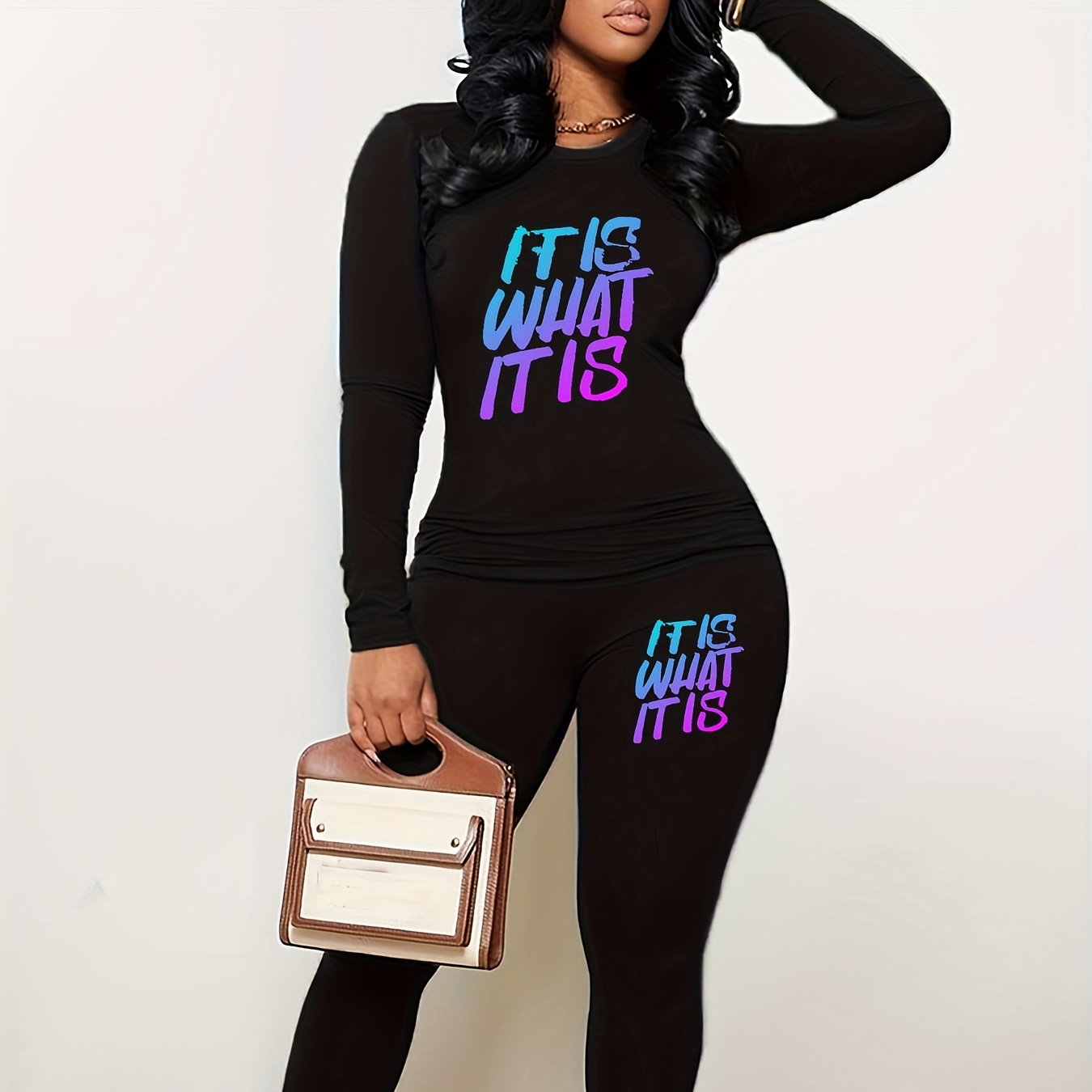

Cartoon Letter Print Two-piece Set, Long Sleeve Crew Neck Top & Skinny Leggings Outfits, Women's Clothing