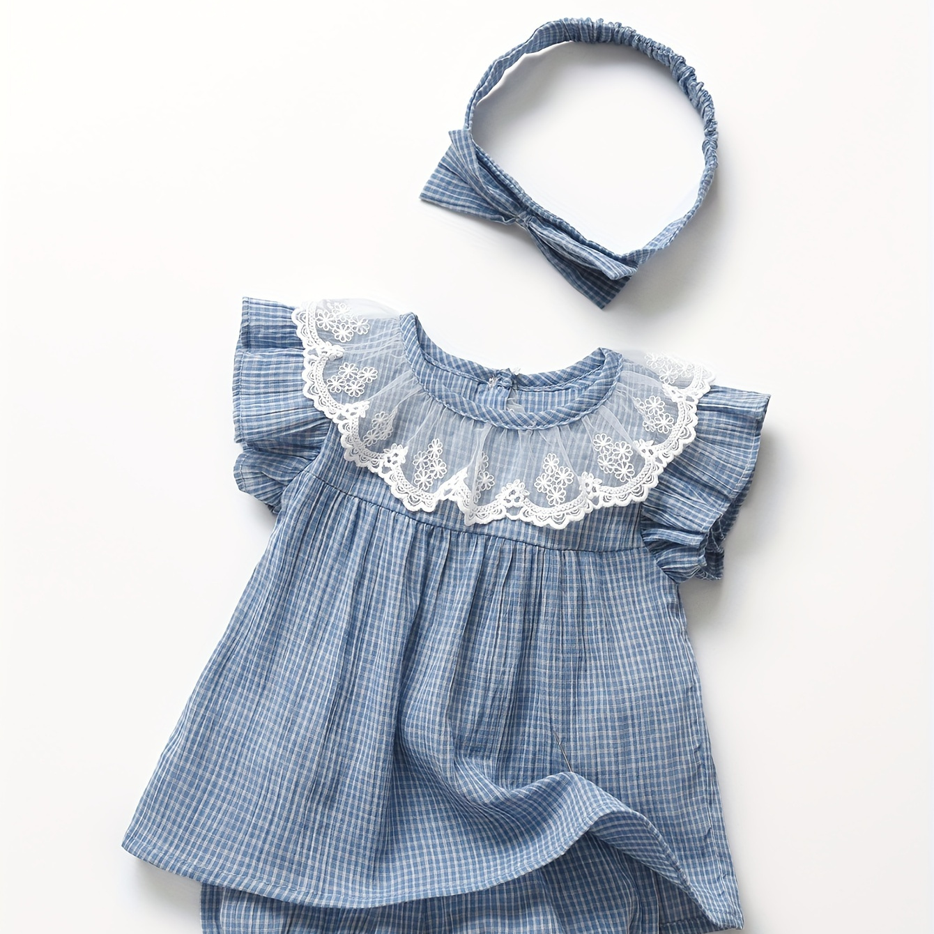 

2pcs Infant & Toddler's Plaid Pattern Pastoral Style Outfit, Lace Decor Cap Sleeve Cotton Blouse & Shorts, Baby Girl's Clothes