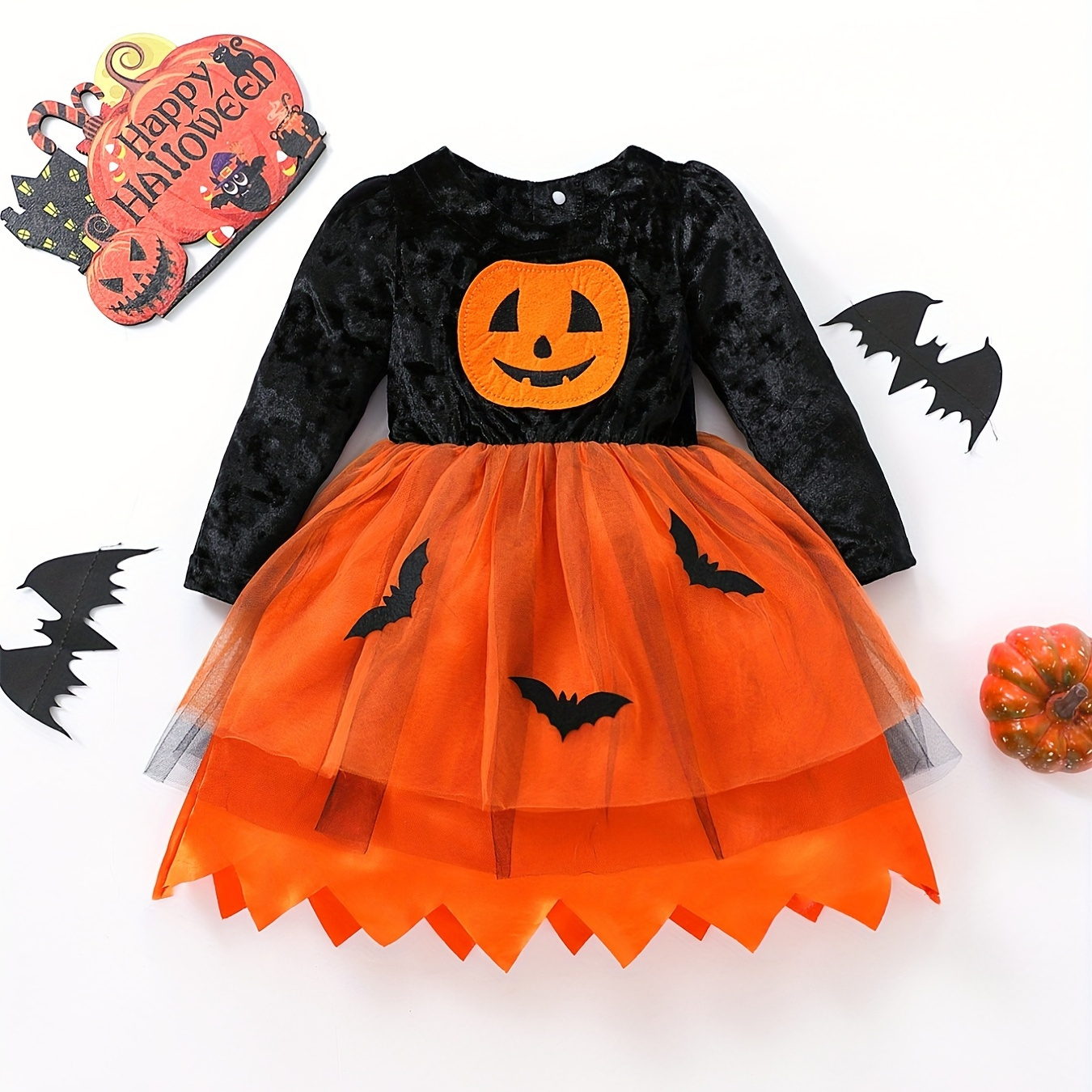 

Baby's Halloween Style Pumpkin Patchwork Mesh Splicing Long Sleeve Dress, Infant & Toddler Girl's Dress For Holiday/party, As Gift