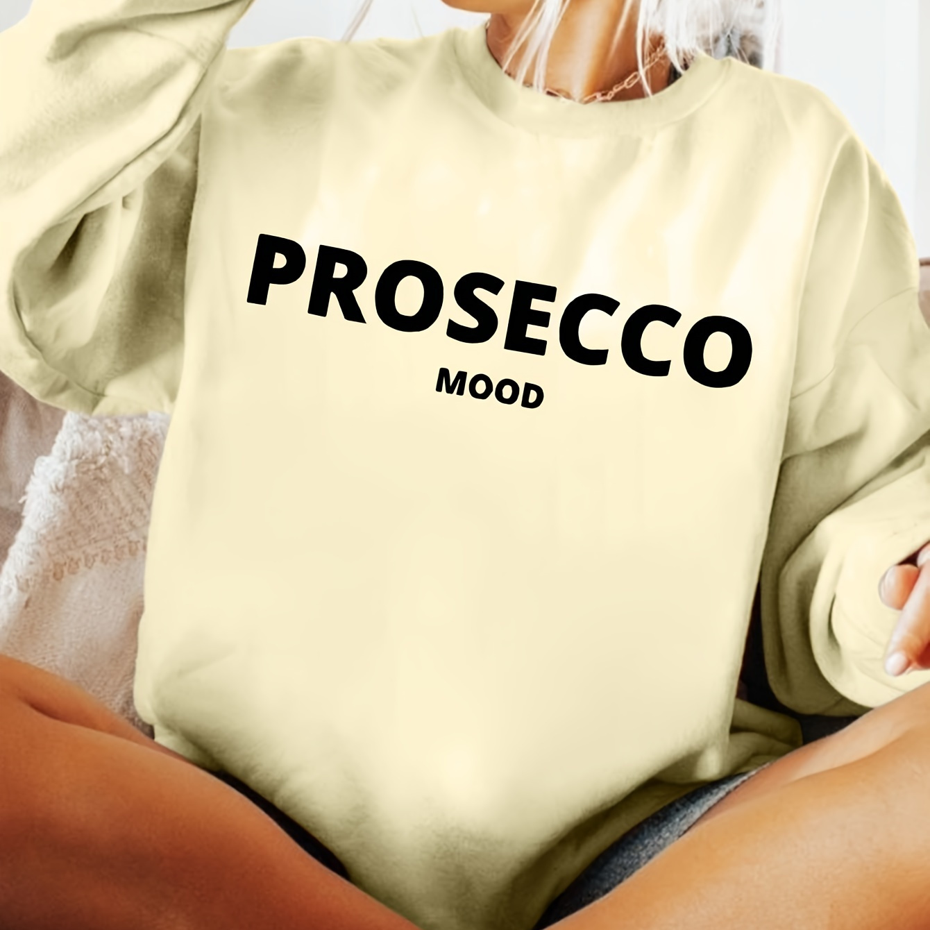 

Cozy Prosecco Graphic Crew Neck Sweatshirt For Women - Casual Polyester , Machine Washable, Fall & Winter