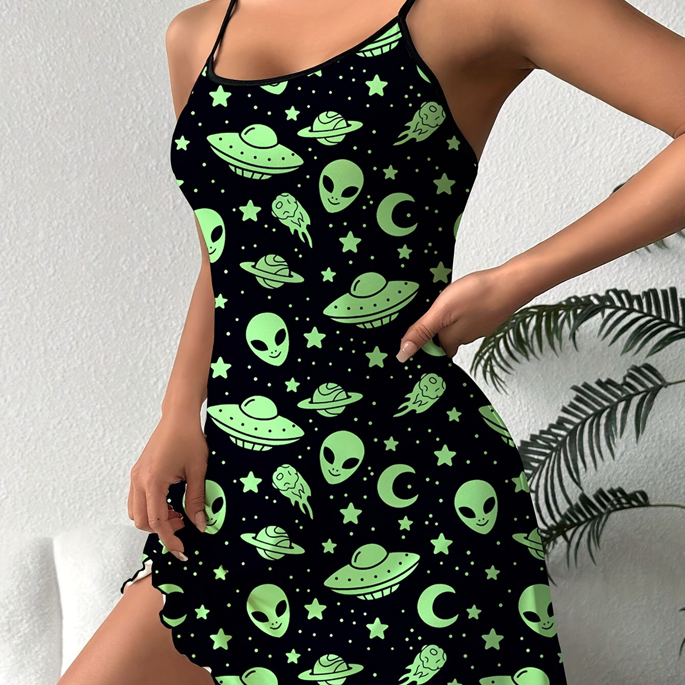 

Alien & Ufo Print Satin Lettuce Trim Nightgown, Casual Round Neck Backless Mini Sleep Dress, Women's Sleepwear