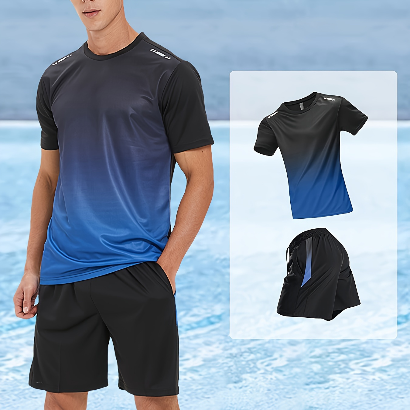 

2-piece Men's Summer Active Outfit Set, Men's Gradient Short Sleeve Crew Neck T-shirt & Solid Shorts With Pockets, Beach Sports