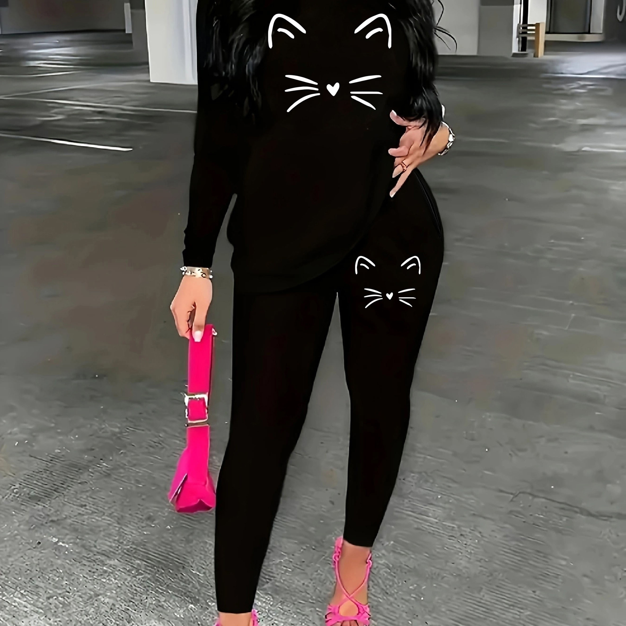 

Casual Cat Print Two-piece, Crew Neck Long Sleeve T-shirt & Skinny Leggings Outfits, Women's Clothing