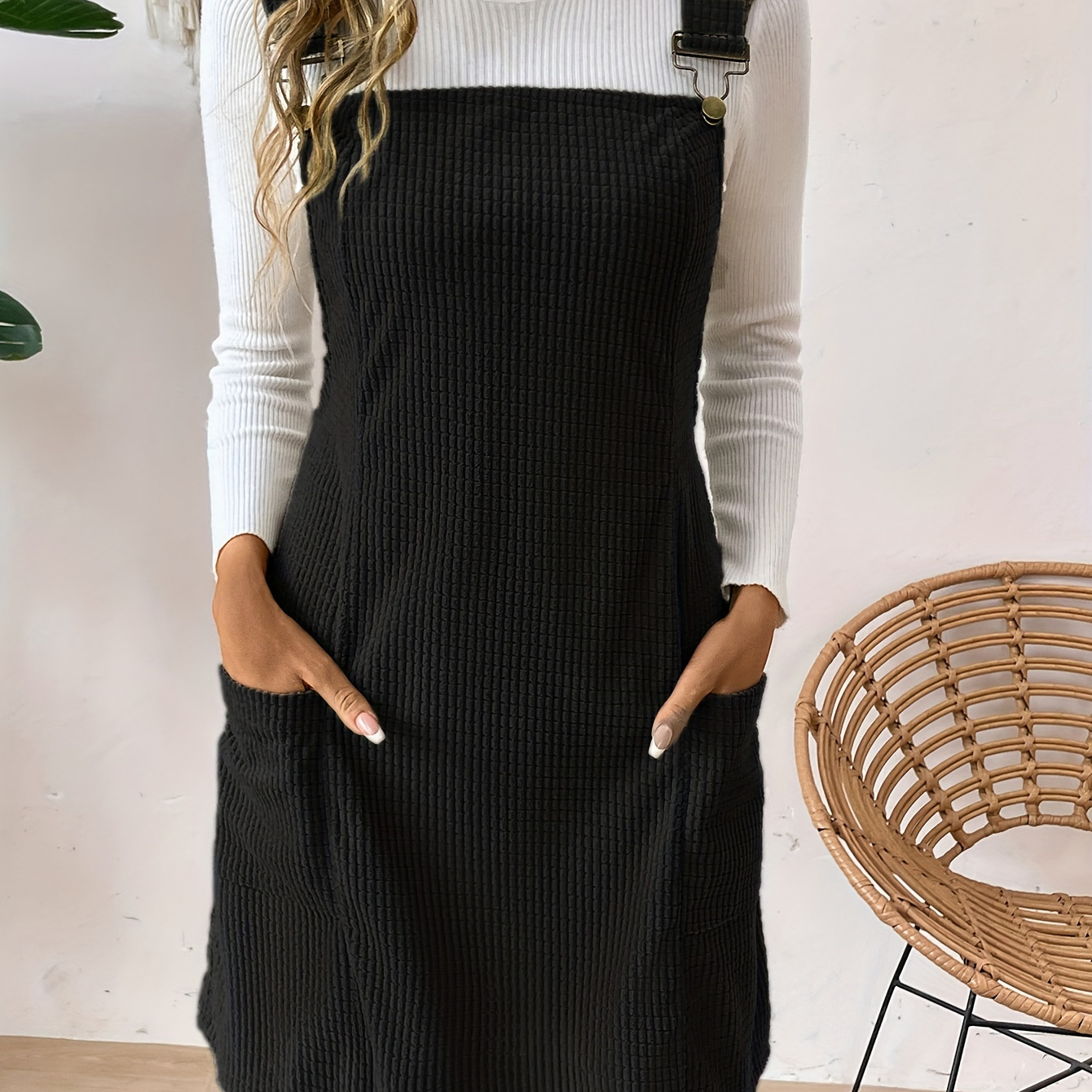 

Solid Pockets Corduroy Overall Dress, Sleeveless Overall Dress For Spring & Fall, Women's Clothing