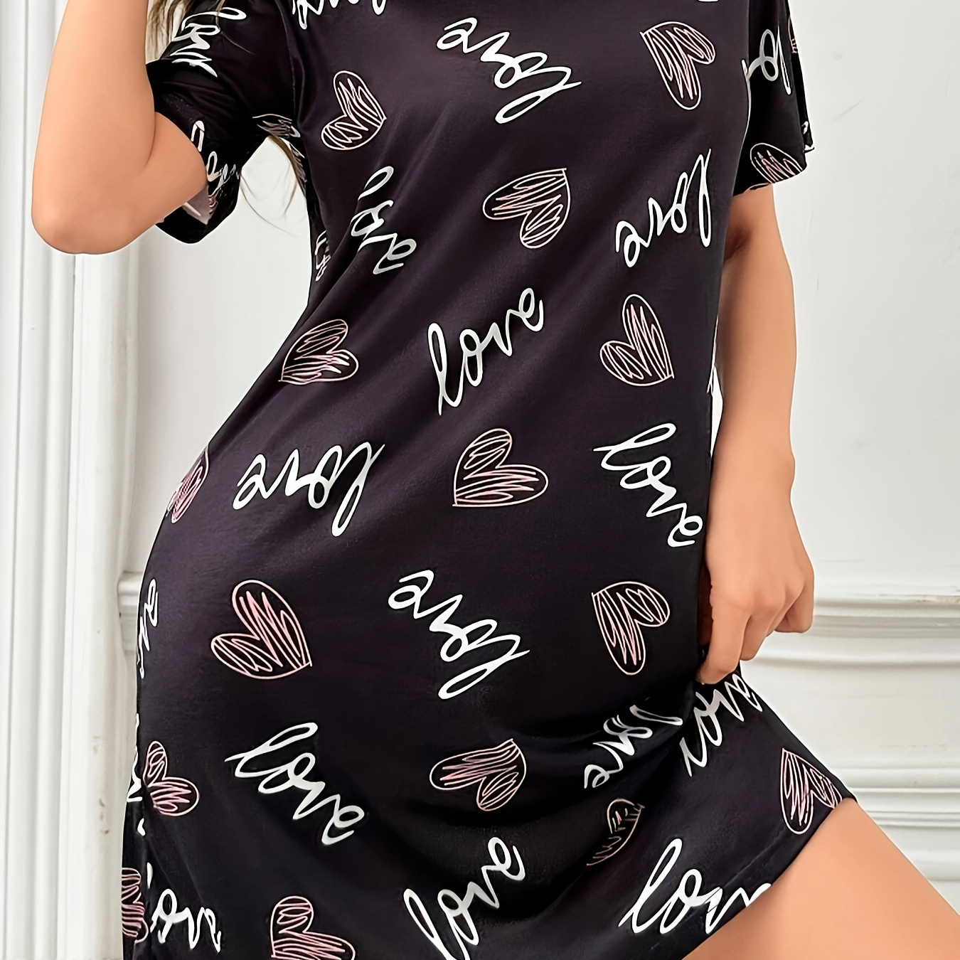 

Women's Heart & Letter Print Casual Sleepwear Dress, Short Sleeve Round Neck Loose Fit Tee Dress, Comfortable Nightgown