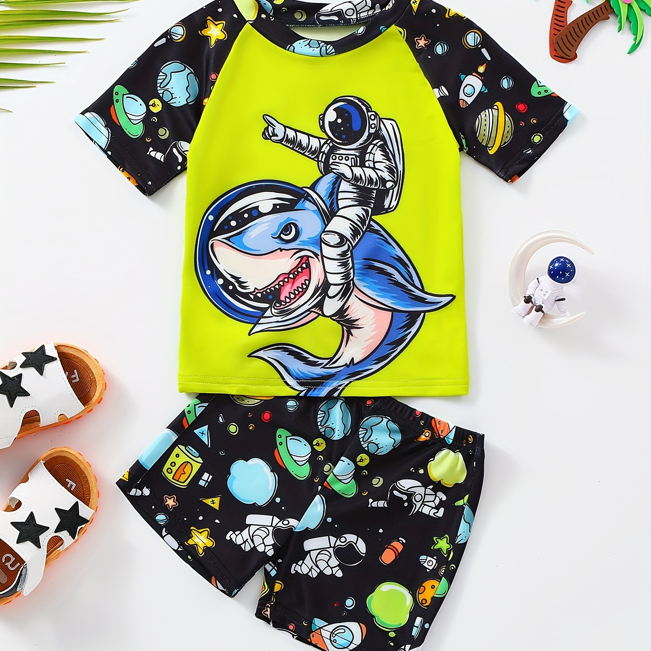 

2pcs Space Shark And Astronaut Pattern Swimsuit For Boys, T-shirt & Swim Trunks Set, Stretchy Surfing Suit, Boys Swimwear For Summer Beach Vacation